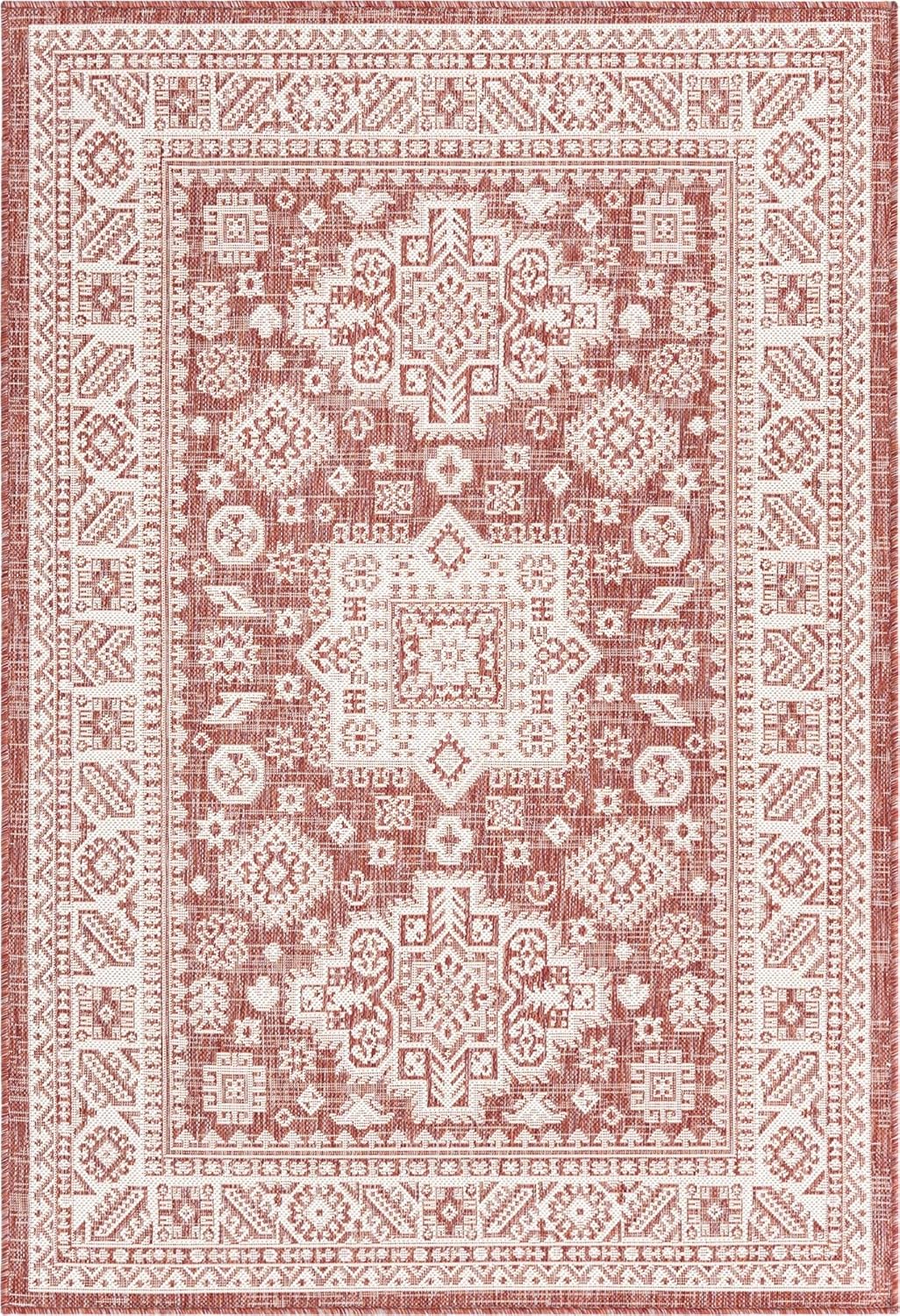 Rugs.com Outdoor Aztec Collection Alfombra  4 x 6 pies alfombra de tejido plano rojo óxido perfecta para salas de estar, grandes comedores, planos