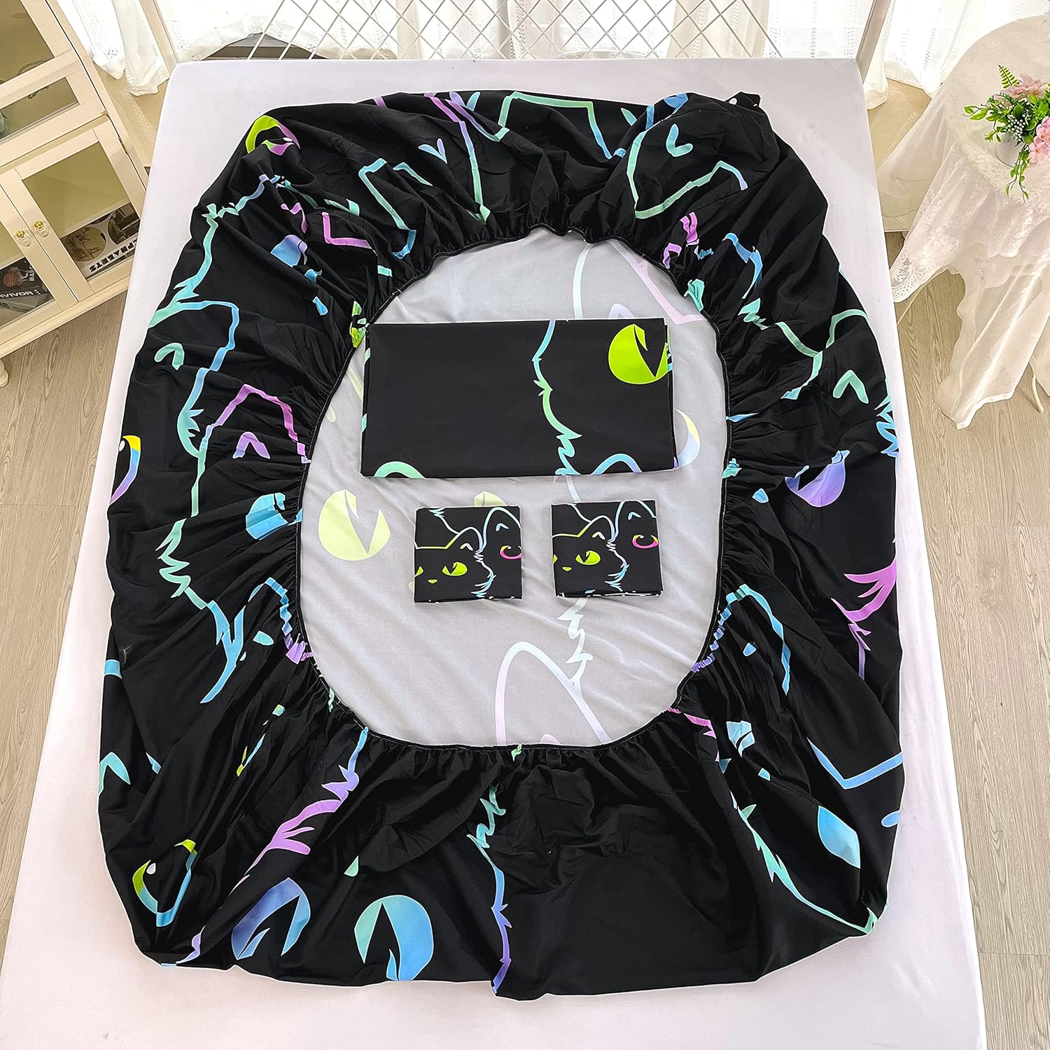 BailiPromise Lindo juego de sábanas de dibujos animados de gatos, tamaño individual, sábanas Kawaii con diseño de animales de trazos simples con