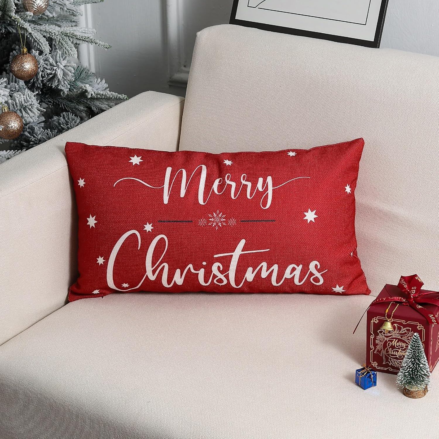 Fundas de almohada de Navidad de 12 x 20 pulgadas, decoración de árbol de Navidad, fundas de almohada lumbares rojas, decoración de invierno para