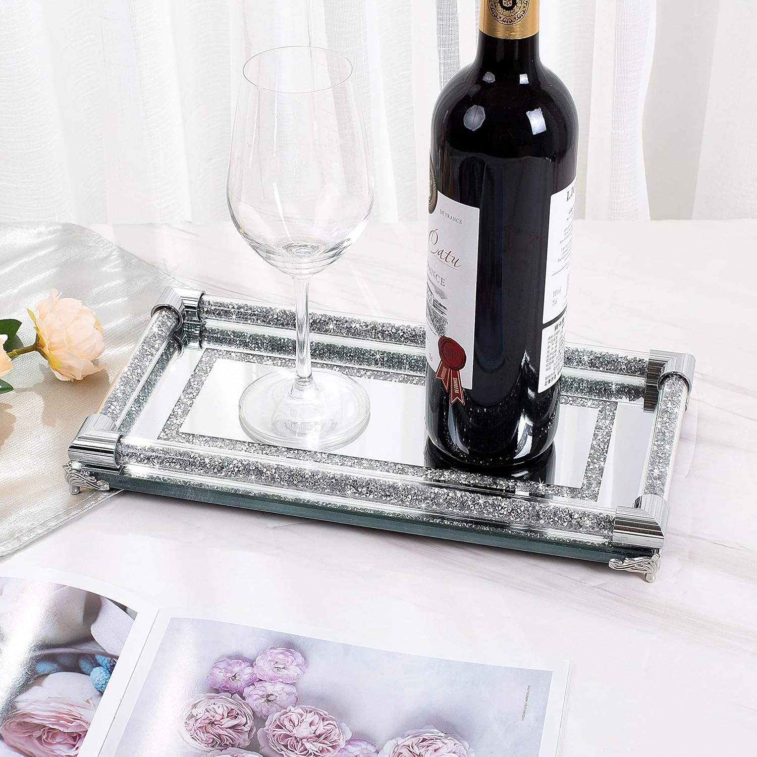 SHYFOY Bandeja de tocador de perfume de espejo plateado de 12.5 pulgadas, bandeja decorativa de cristal triturado, bandeja decorativa rectangular de
