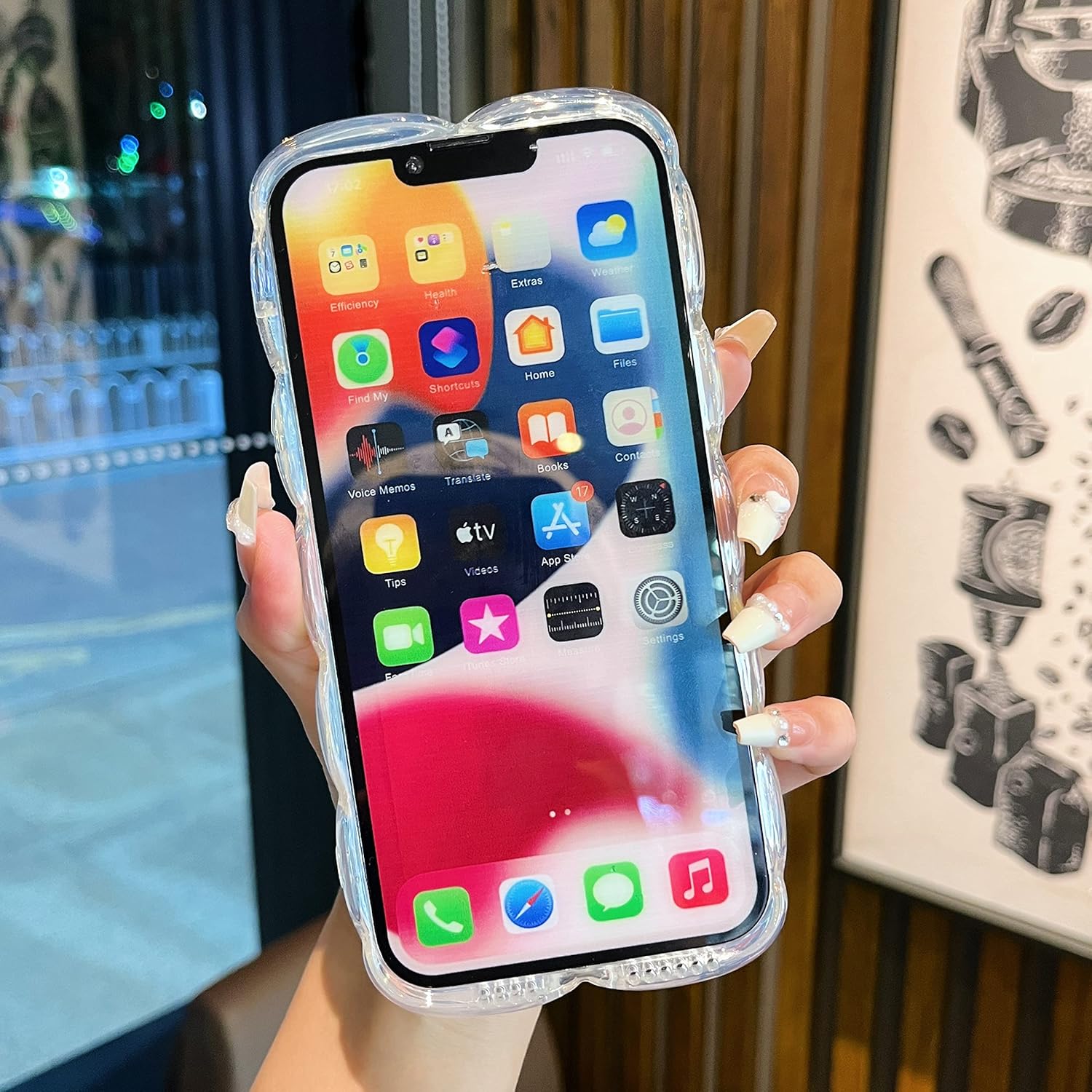 Qokey Funda para iPhone 14 Pro, bonita funda transparente con purpurina gradual láser + tarjeta translúcida marco ondulado suave anticaídas, borde