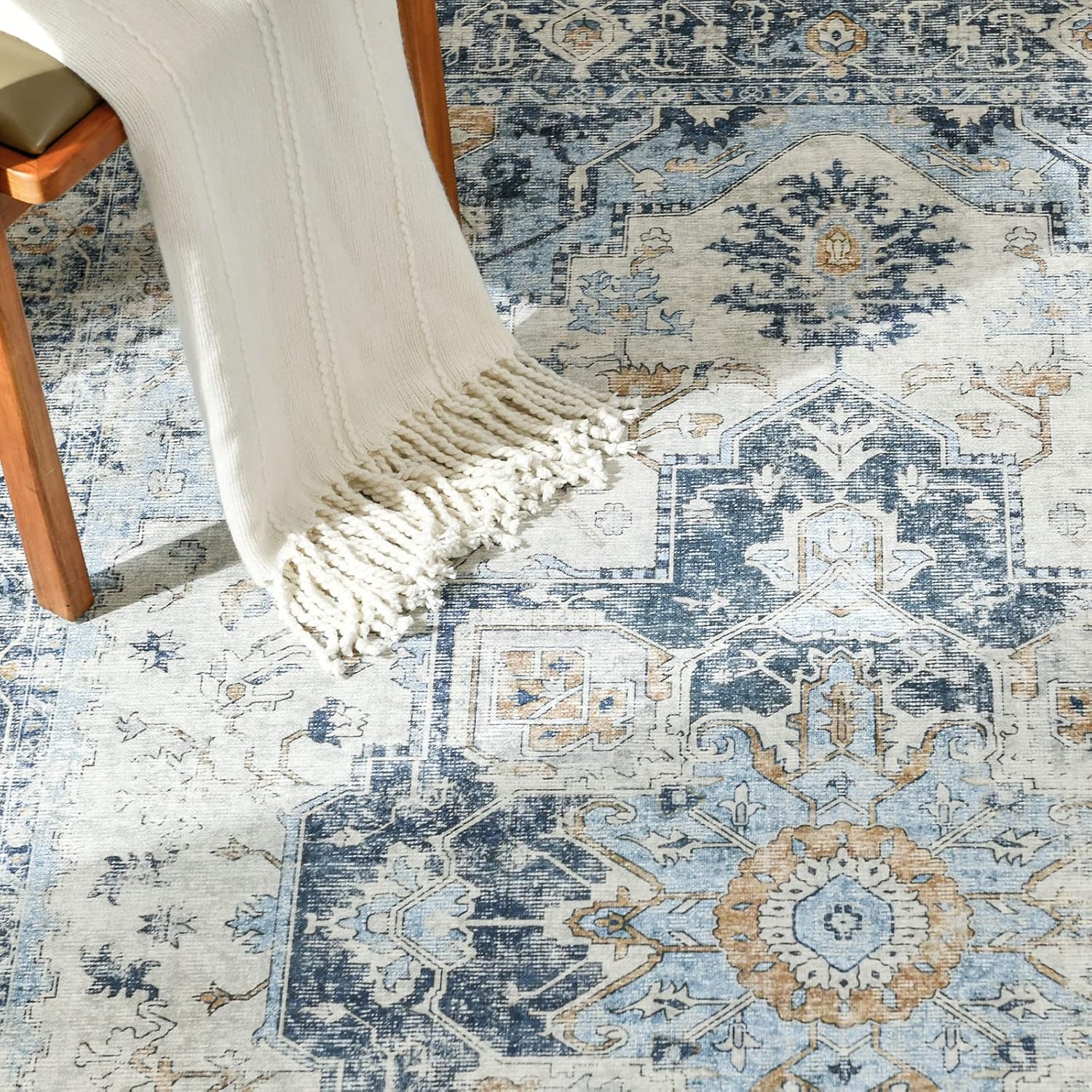 jinchan – Alfombra persa para interiores, con estampado, color azul, envejecida, delgada, de felpilla, ligera, que contrasta con la decoración,