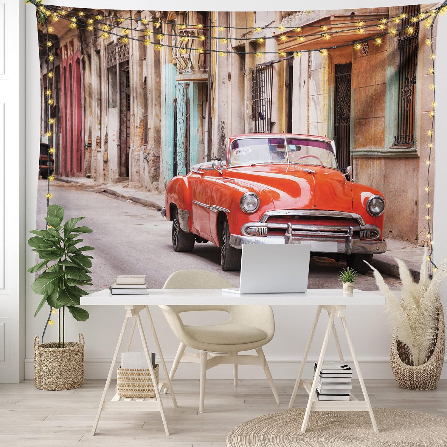 Ambesonne Tapiz de autos, auto americano clásico en una calle con casas Caribbean Havana Cuba, para colgar en la pared para dormitorio, sala de