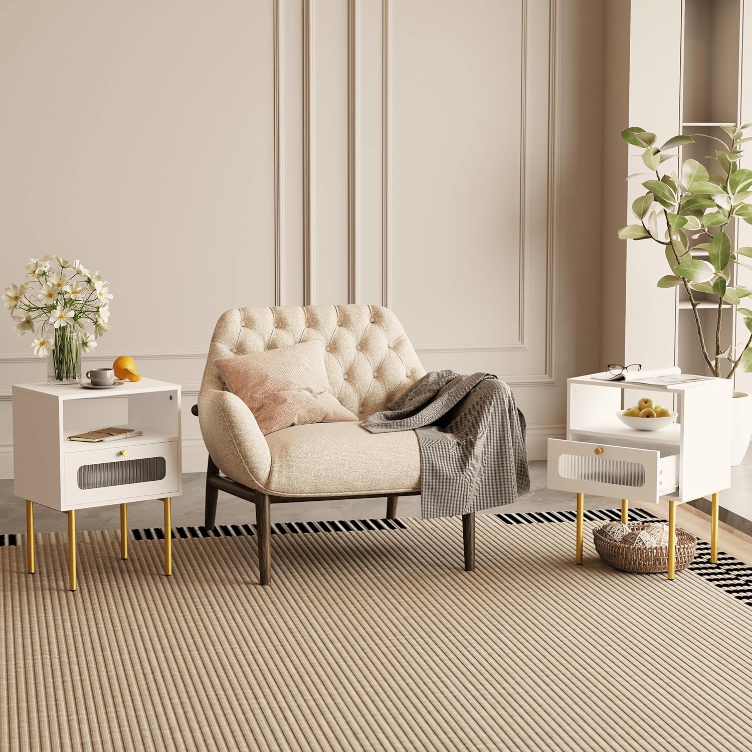 Mesita de noche, mesa auxiliar moderna blanca con cajón de almacenamiento y estante de madera abierto, mesa auxiliar pequeña con puerta decorativa