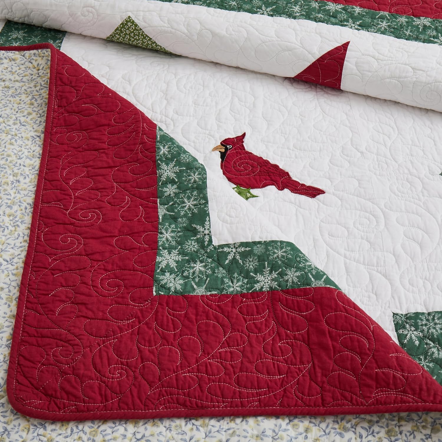 NELIFDER Juego de edredón de Navidad, tamaño Queen, 100% algodón, diseño de copo de nieve rojo, pájaro blanco, diseño de copos de nieve, diseño de