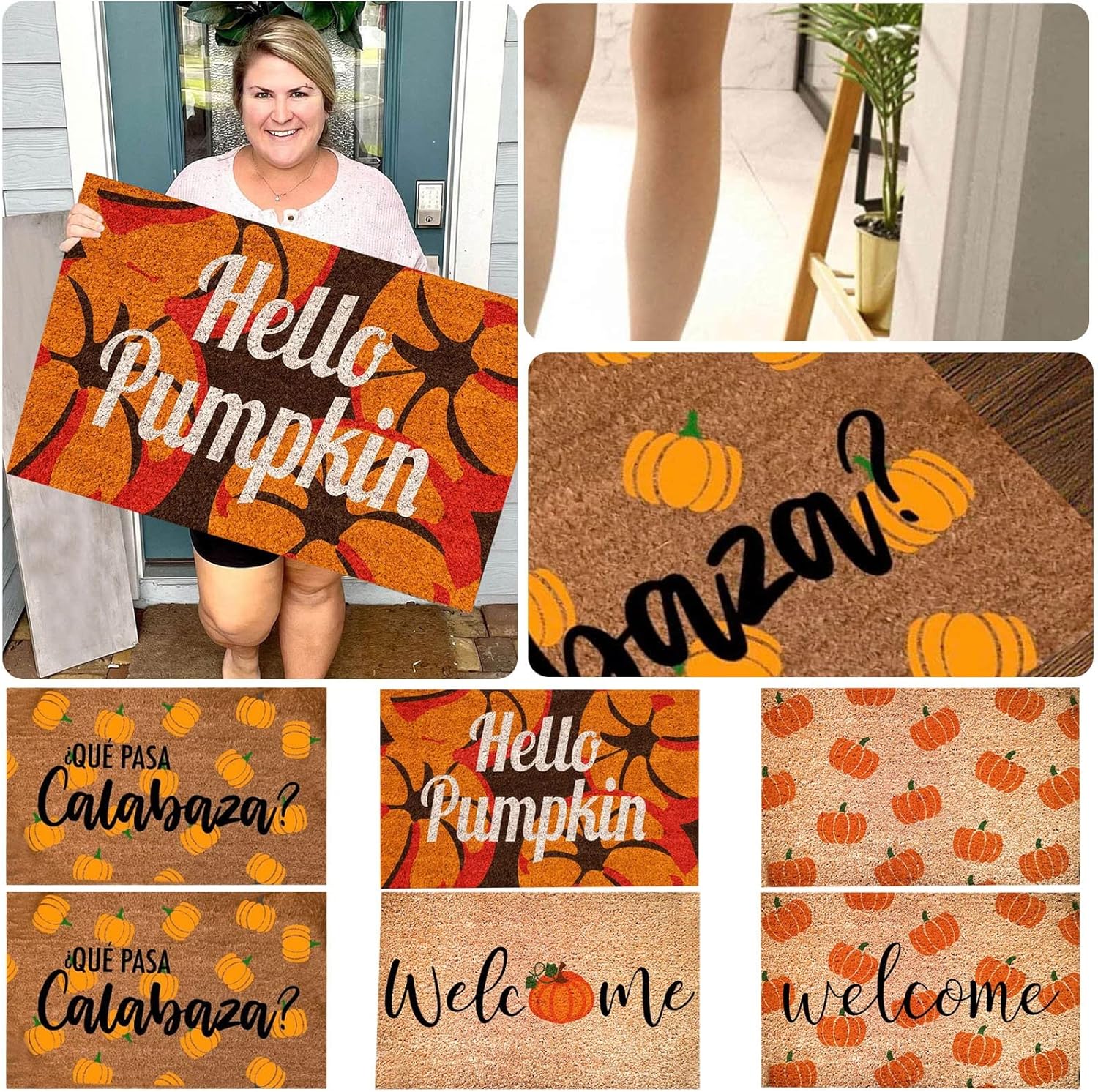 Alfombras de entrada de calabaza de Halloween para interiores, 23.6 x 15.7 pulgadas, goma con estampado de calabaza para patio, faroles de calabaza,
