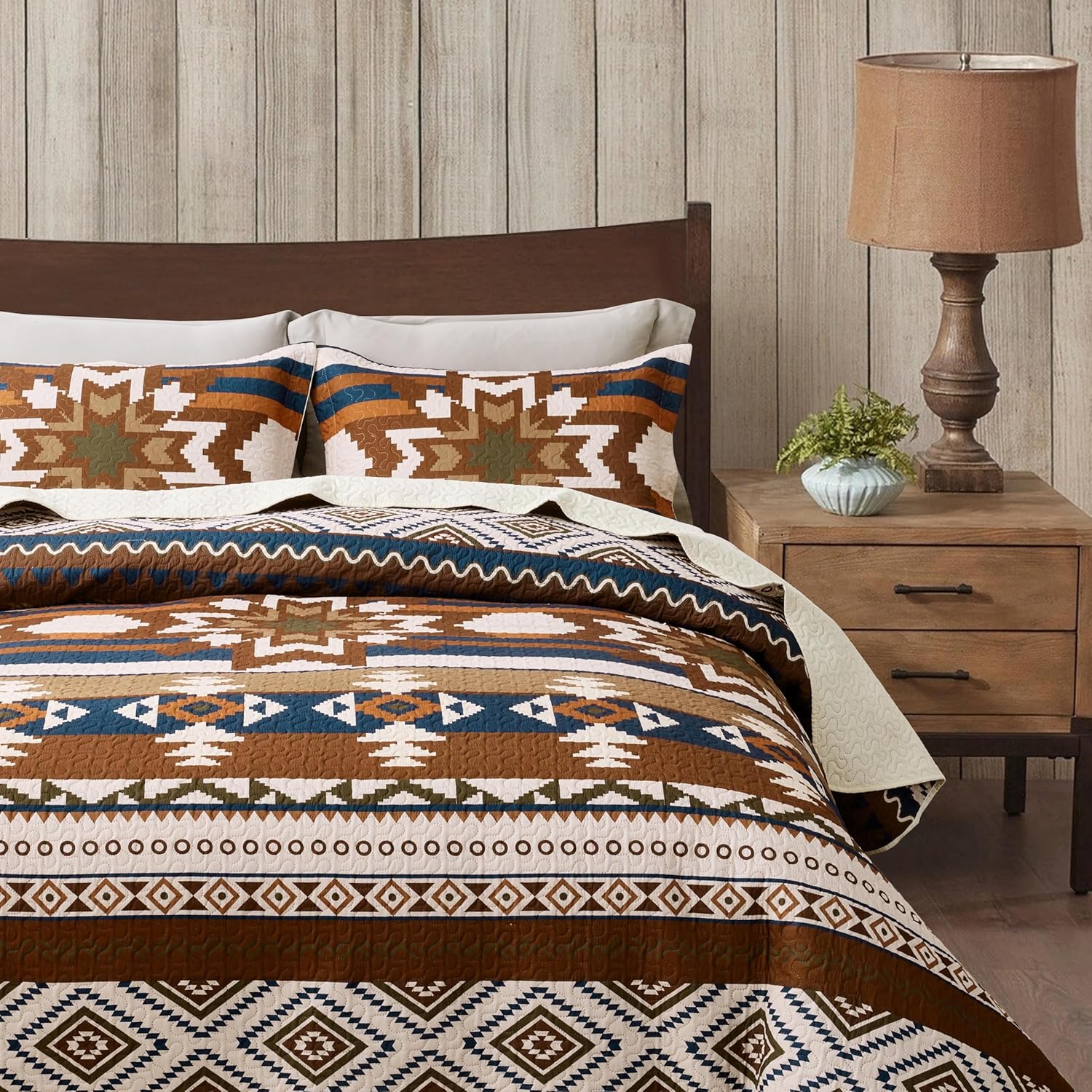 Southwestern – Juego de edredón tribal occidental, rústico, azteca, nativo americano, navajo, juego de ropa de cama de 3 piezas, color beige, gris