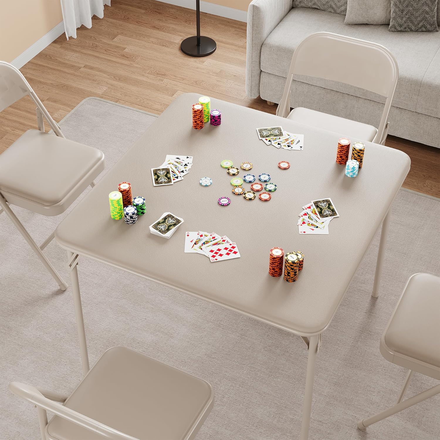 IDEALHOUSE Mesa plegable, mesa plegable portátil de 33.6 pulgadas, mesa plegable de metal beige con cojín suave de poliuretano, adecuada para sala