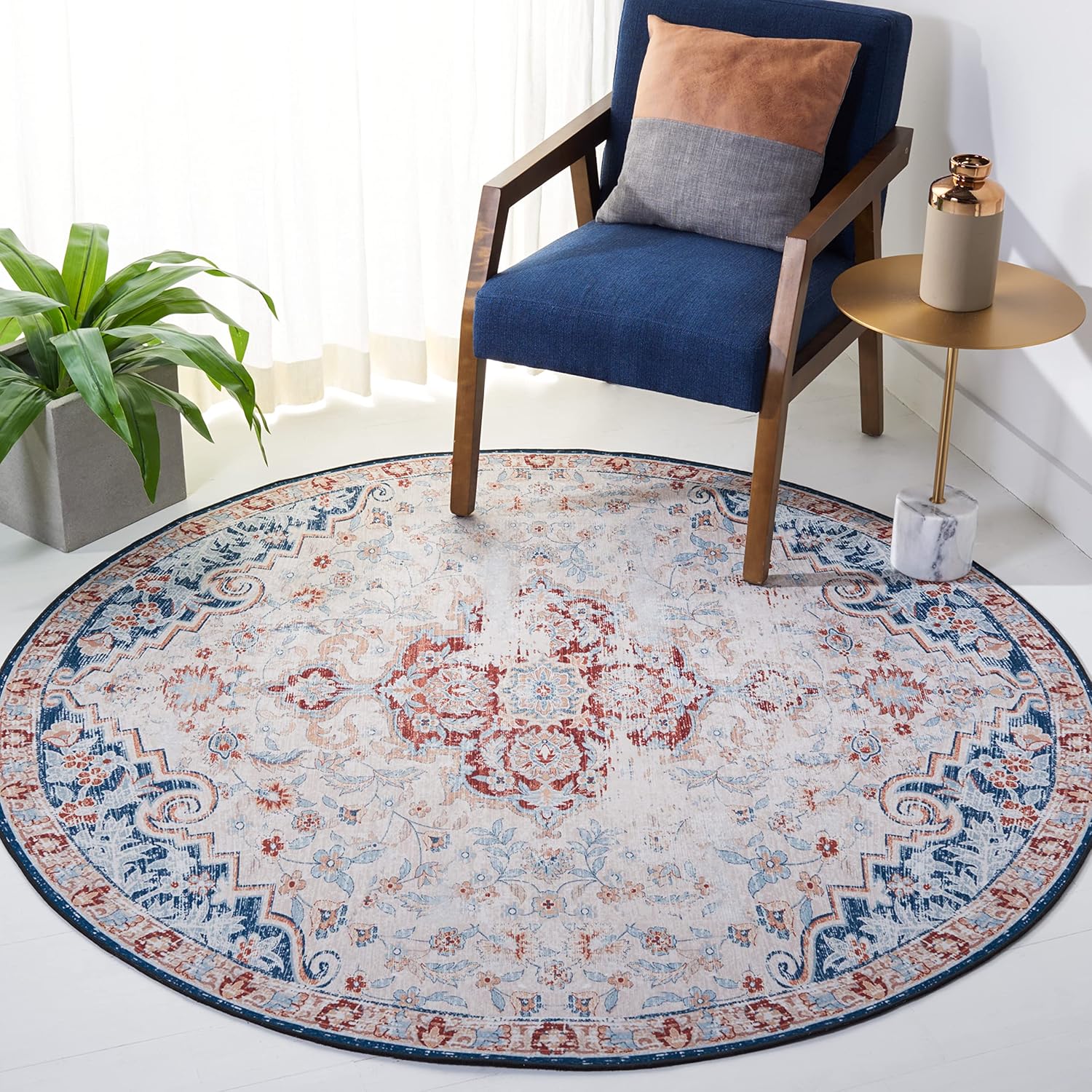 SAFAVIEH Tucson Collection – Tapete redondo de 8 pies, color beige y óxido, diseño de medallón oriental, lavable a máquina, ideal para zonas de alto