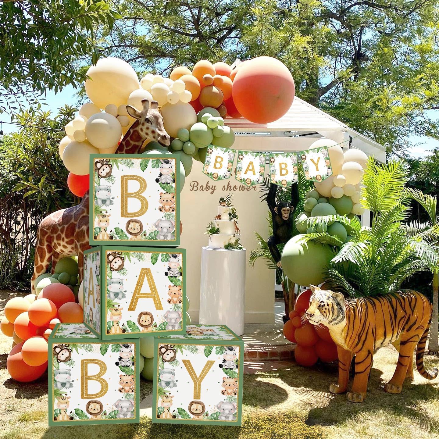 Safari Jungle – Decoraciones para baby shower, cajas de bebé con letras, 4 piezas de animales verdes grandes para niños, cajas de baby shower,