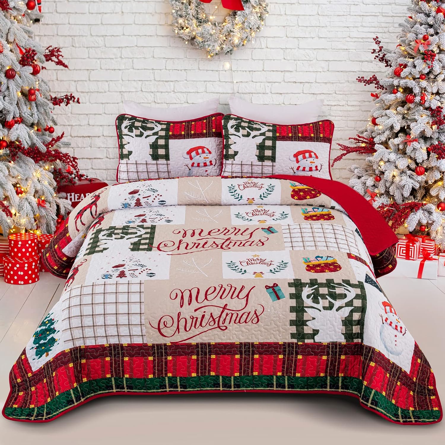 Juego de edredón de Navidad tamaño Queen, juego de ropa de cama acolchada con 2 fundas de almohada, diseño de muñeco de nieve, árbol de Navidad,