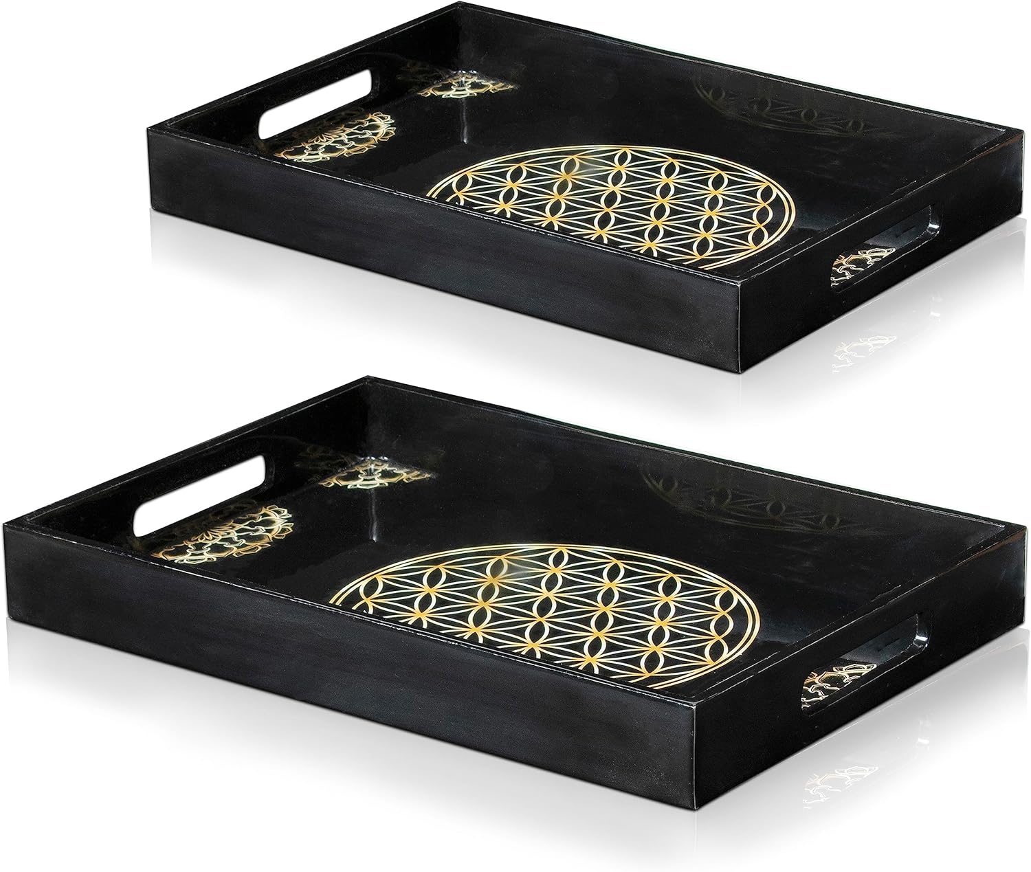 Crocon Bandejas de madera con asas, juego de 2 bandejas rectangulares negras, bandejas otomanas grandes para mesa de café, sala de estar y