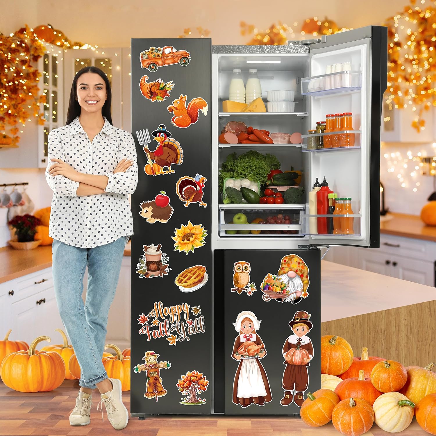 Imanes decorativos de Acción de Gracias, 16 unidades, calcomanías magnéticas impermeables para decoración del hogar y cocina de peregrinos de Acción
