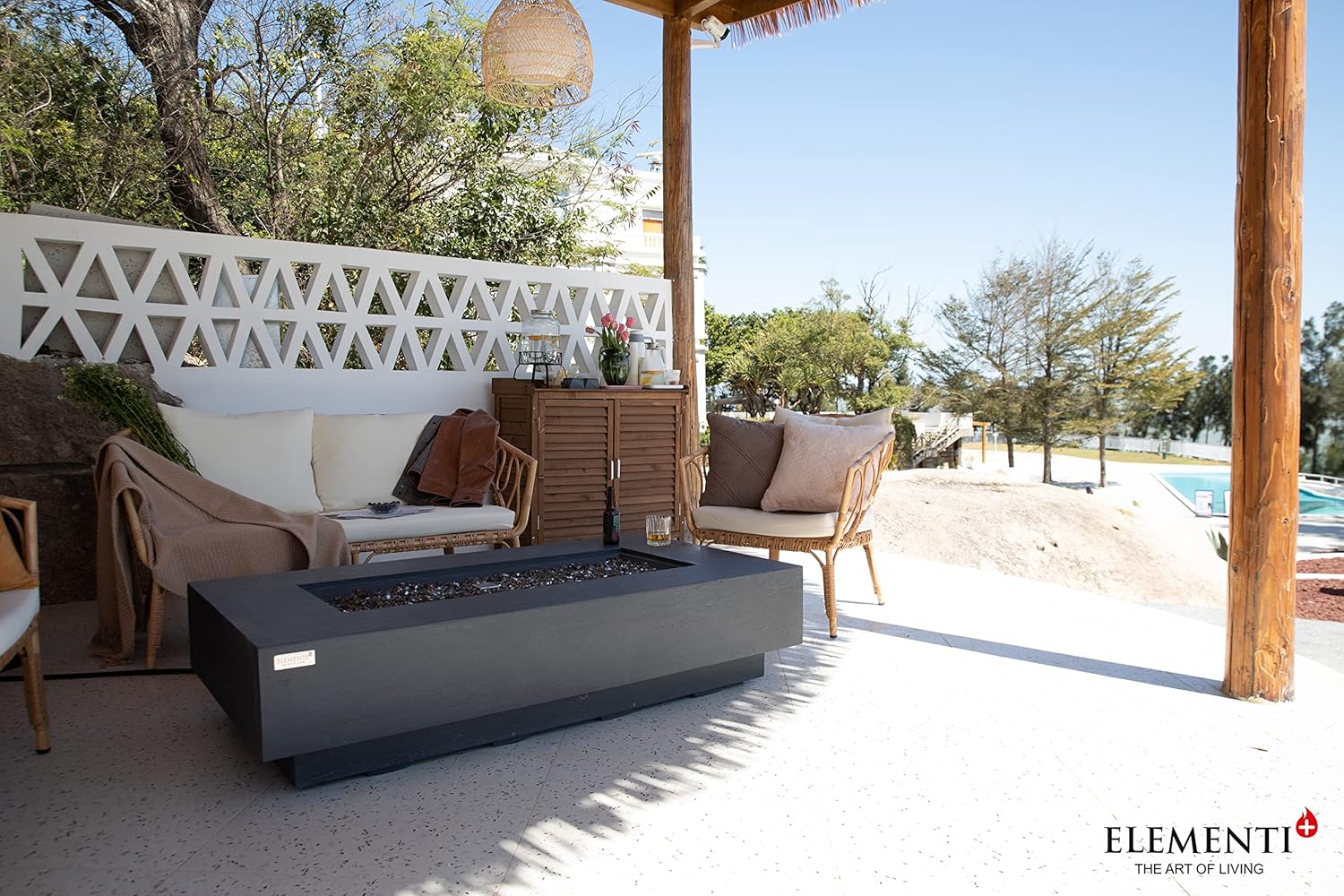 AMS Chimenea Elementi  Mesa de hormigón de gas natural para patio exterior  Cubierta de lona, roca de lava, tapa de quemador de aluminio y válvula