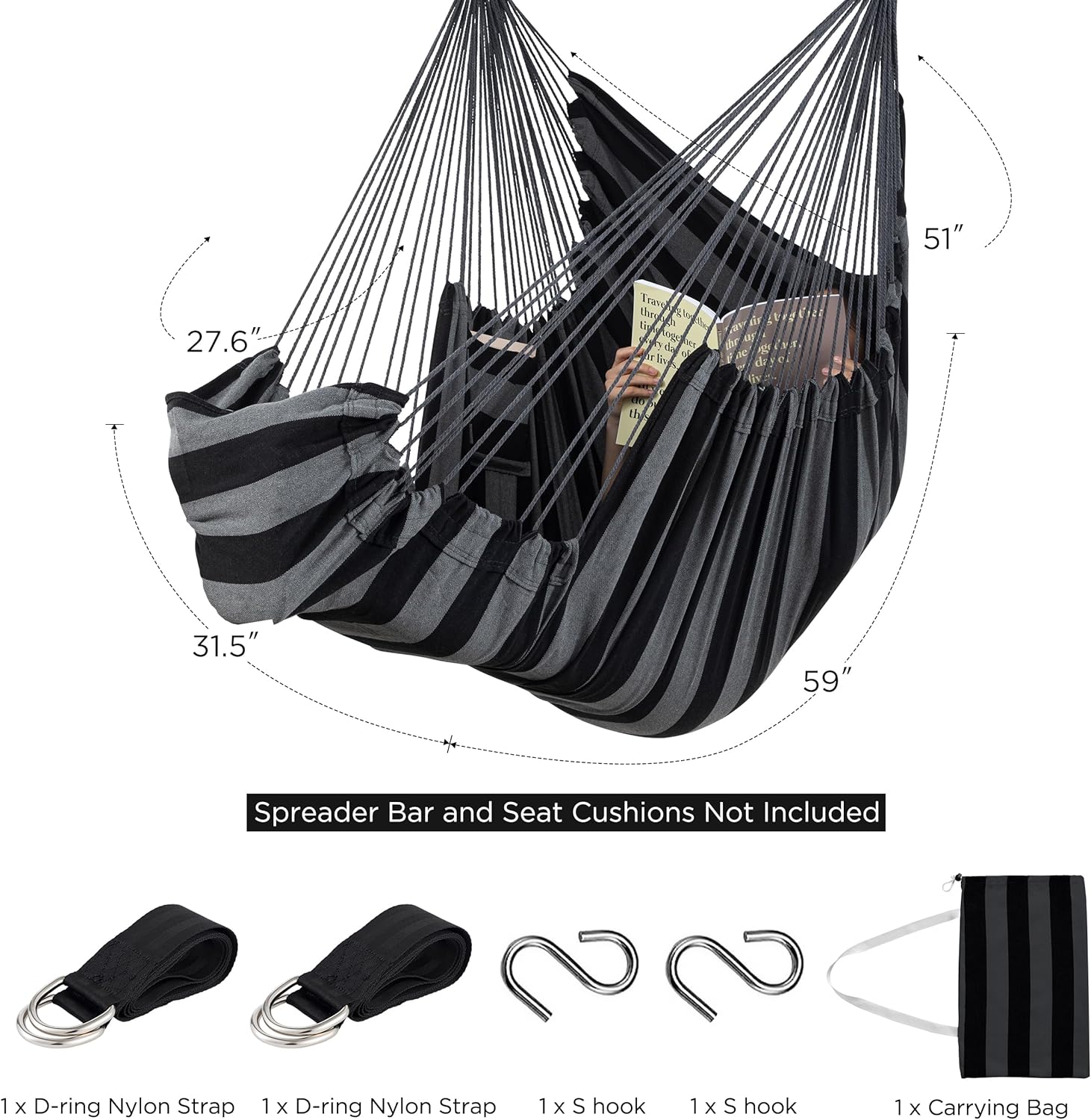 Jelofly Silla hamaca grande colgante con soporte para pies y bolsillo máximo de 500 libras, cómoda silla columpio para dormitorio, interior y