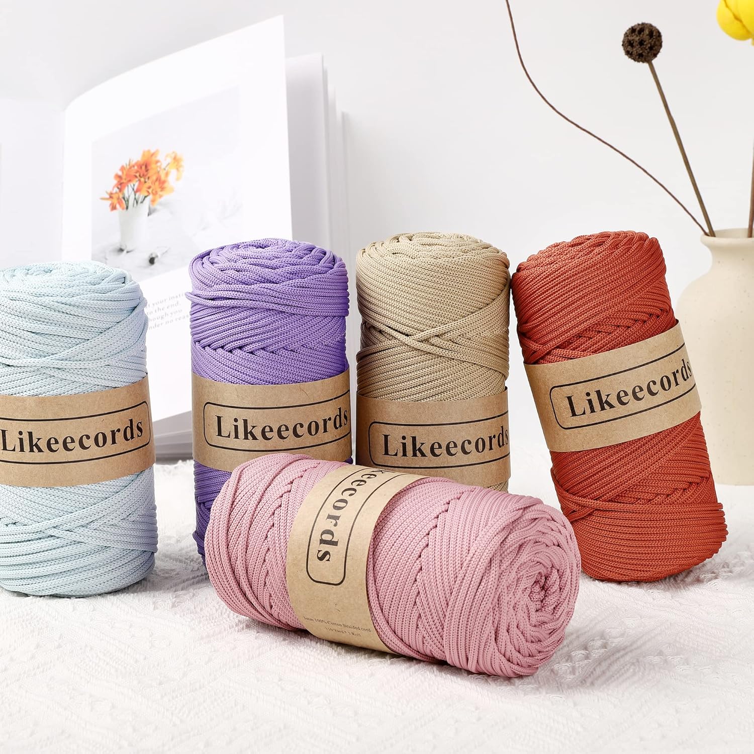 Cordón de macramé trenzado de poliéster de 0.157 in, 140 yardas, 426 pies, hilo elástico para bolsa de ganchillo para manualidades, ganchos de