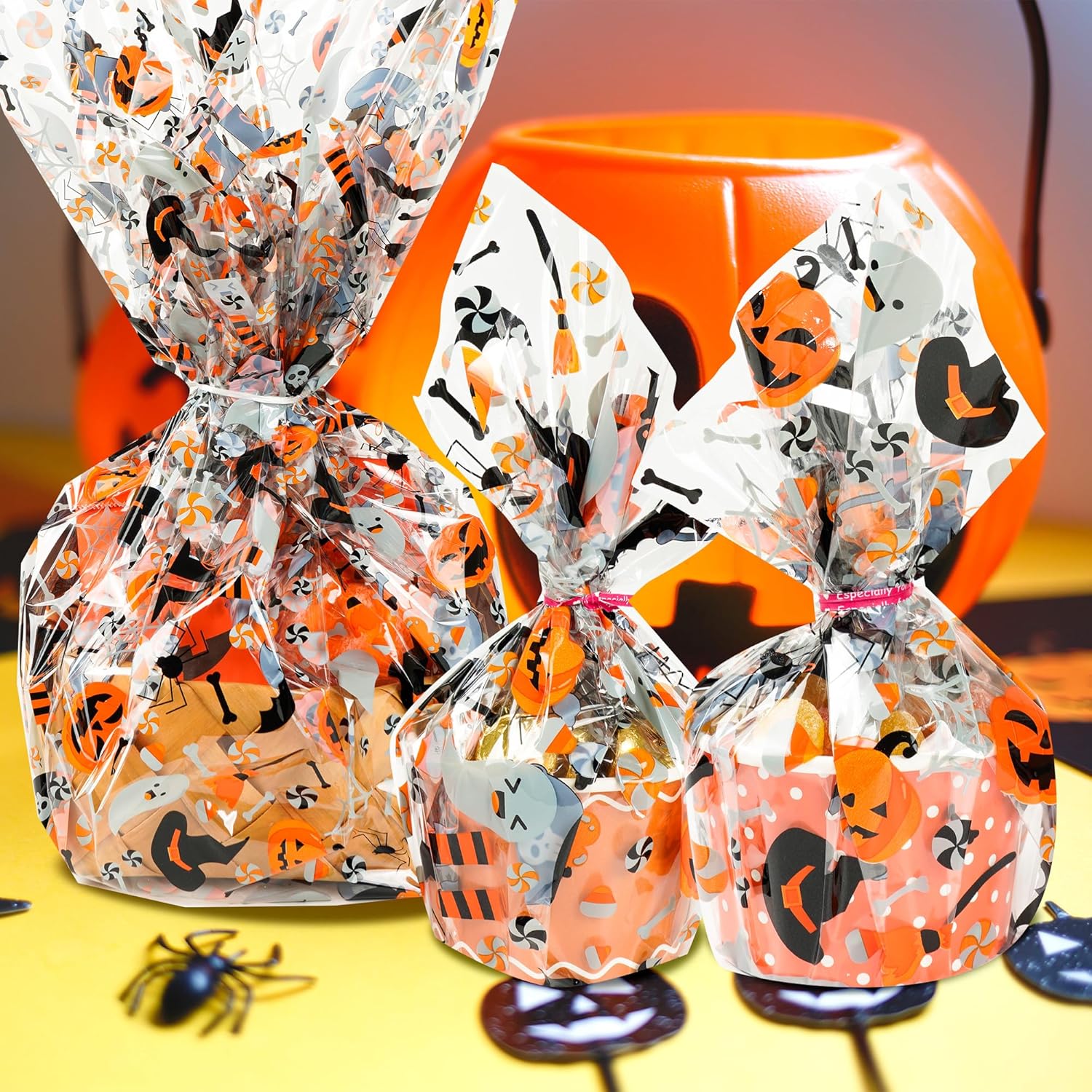 Rollo de celofán de Halloween de 100 pies x 32 pulgadas, 2.3 mil de grosor, bolsas de celofán transparentes con calabaza, fantasma, araña, celofán,
