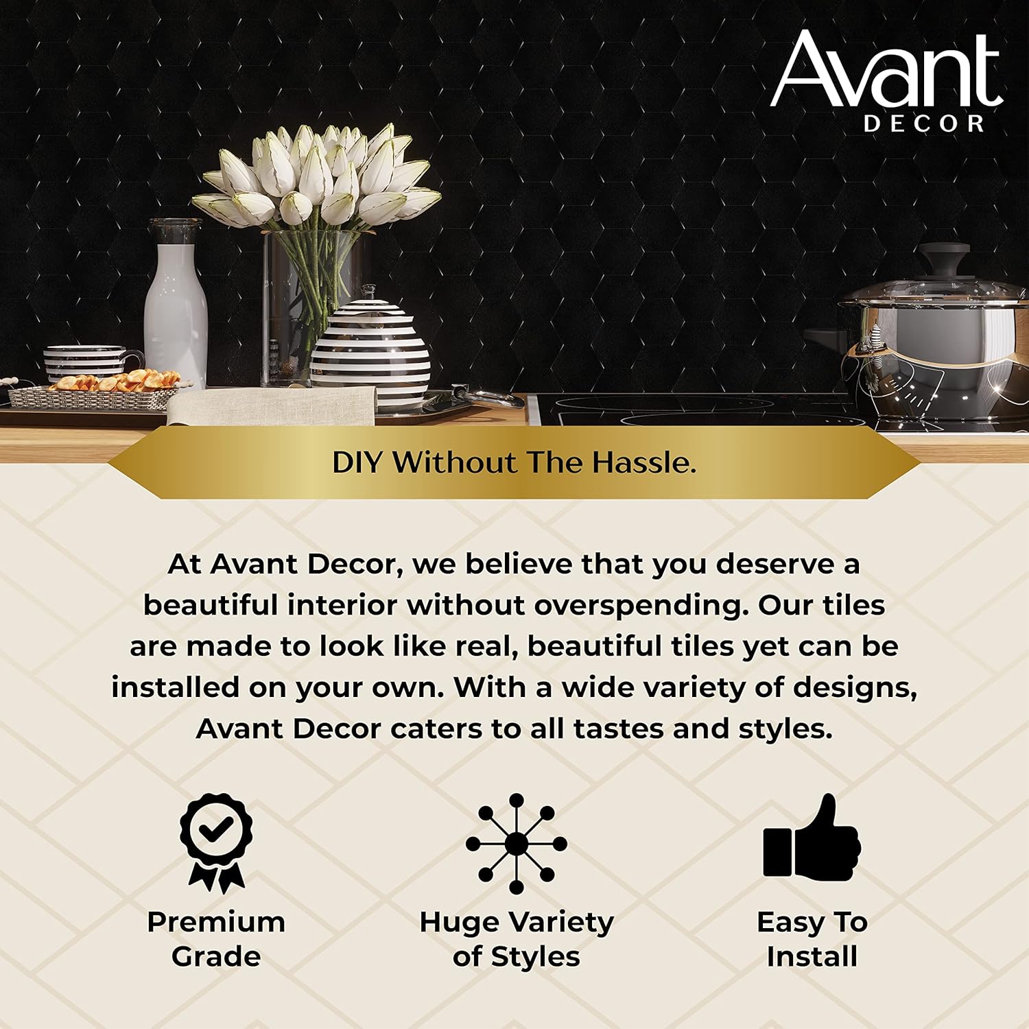 Avant Decor – Azulejos adhesivos tipo loseta en muro para pared, de cocina, hexagonales, grandes, de piedra, fácil instalación, 5 x 5 pulgadas,