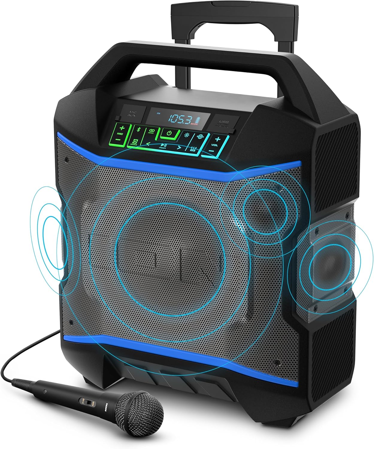 ION Block Rocker – Altavoz portátil Bluetooth para fiestas al aire libre con micrófono de karaoke, batería, 4 altavoces, radio, puerto USB,