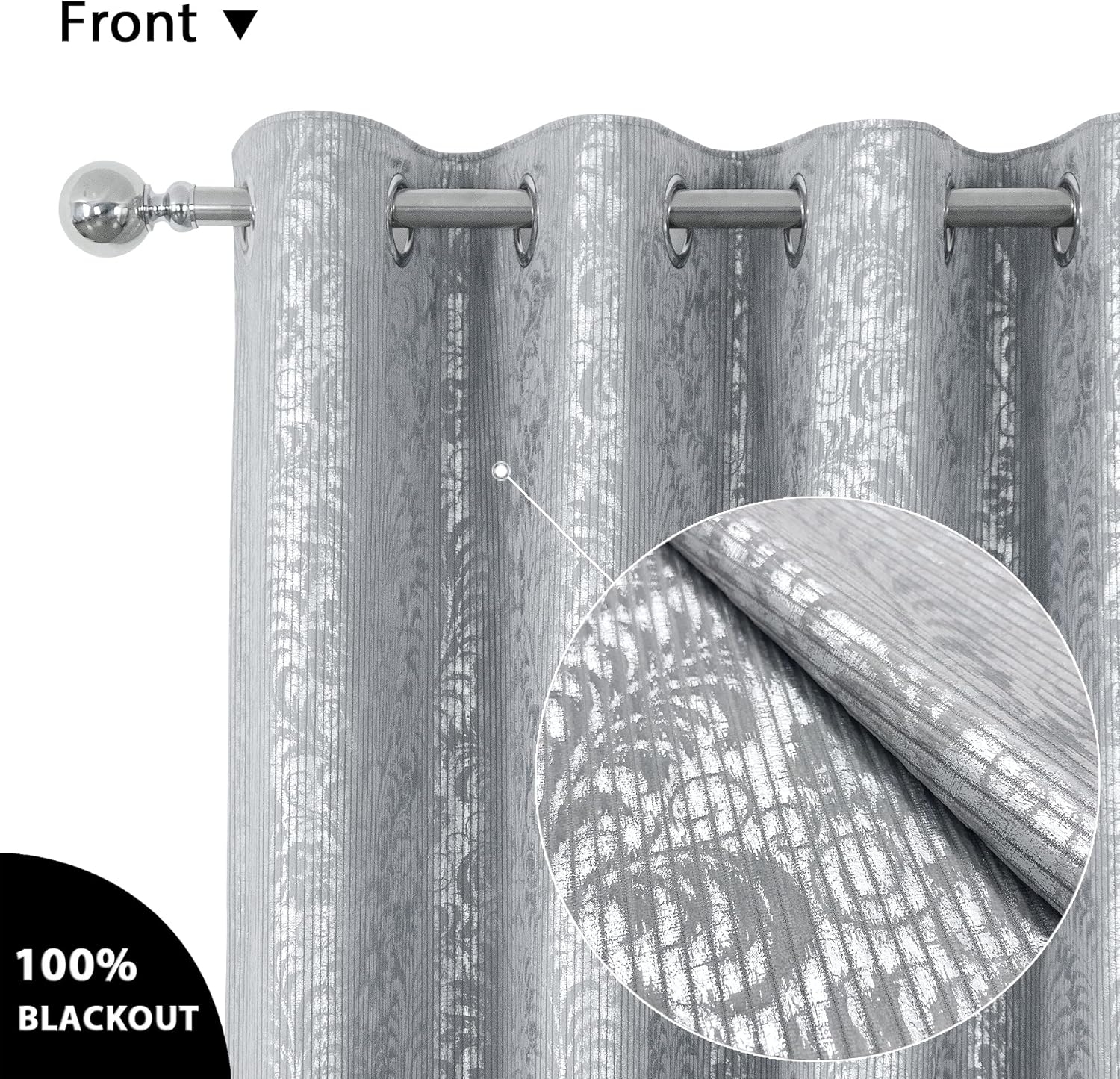 always4u Cortinas 100% opacas de terciopelo con estampado de lámina de damasco de 95 pulgadas de largo, 2 paneles de tratamiento metálico brillante