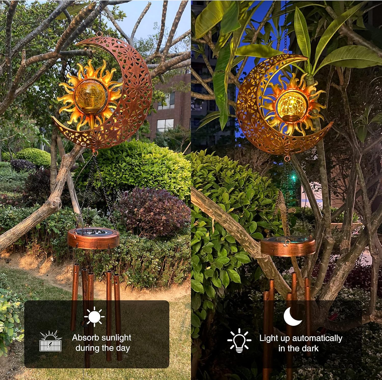 Campanillas de viento solares, para exteriores, jardín, decorativo, con bola agrietada, impermeable, de metal, LED, para colgar (luna y sol)