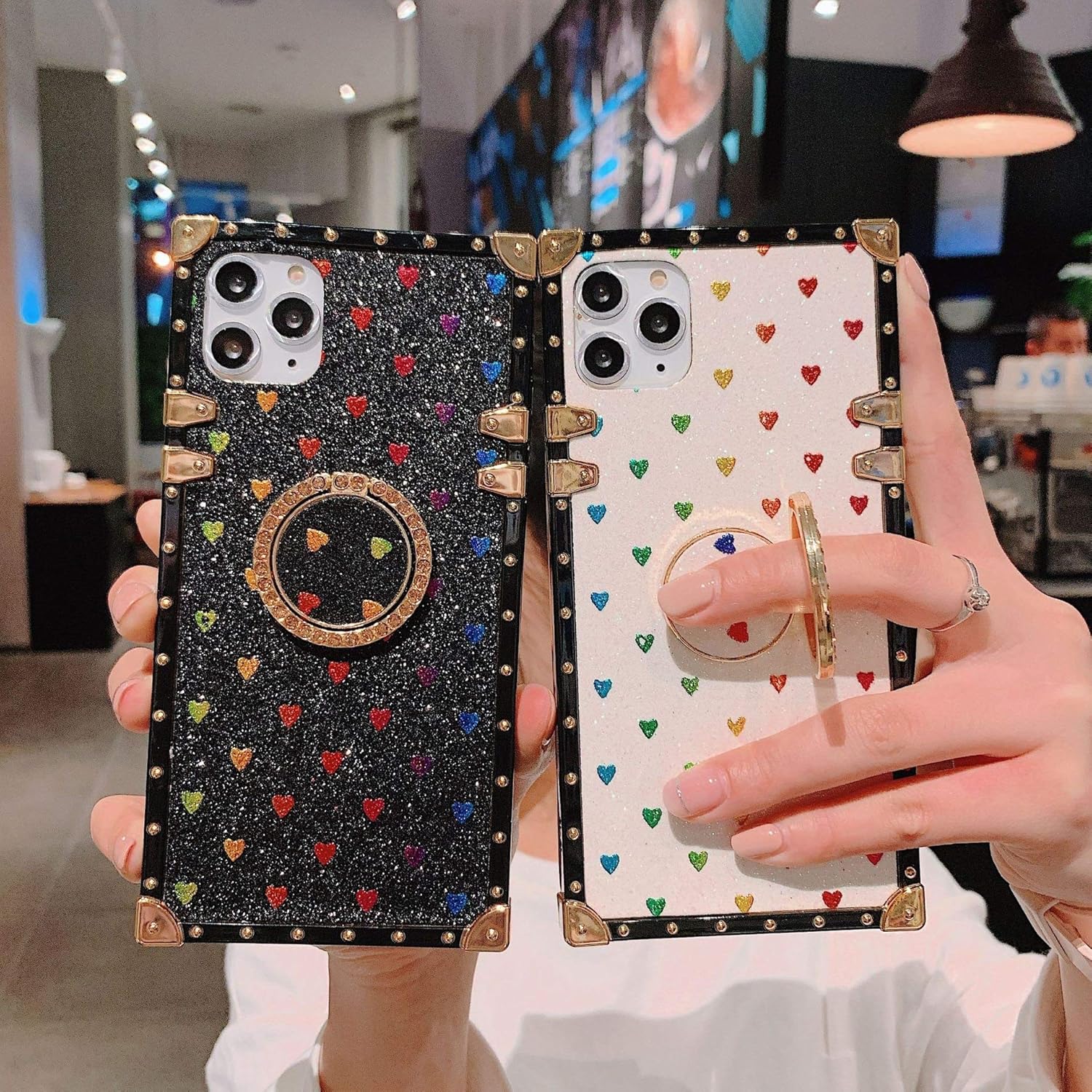 K61 – Funda para LG K61, diseño cuadrado, diseño lindo con purpurina y corazón, suave, con anillo de diamante, color blanco