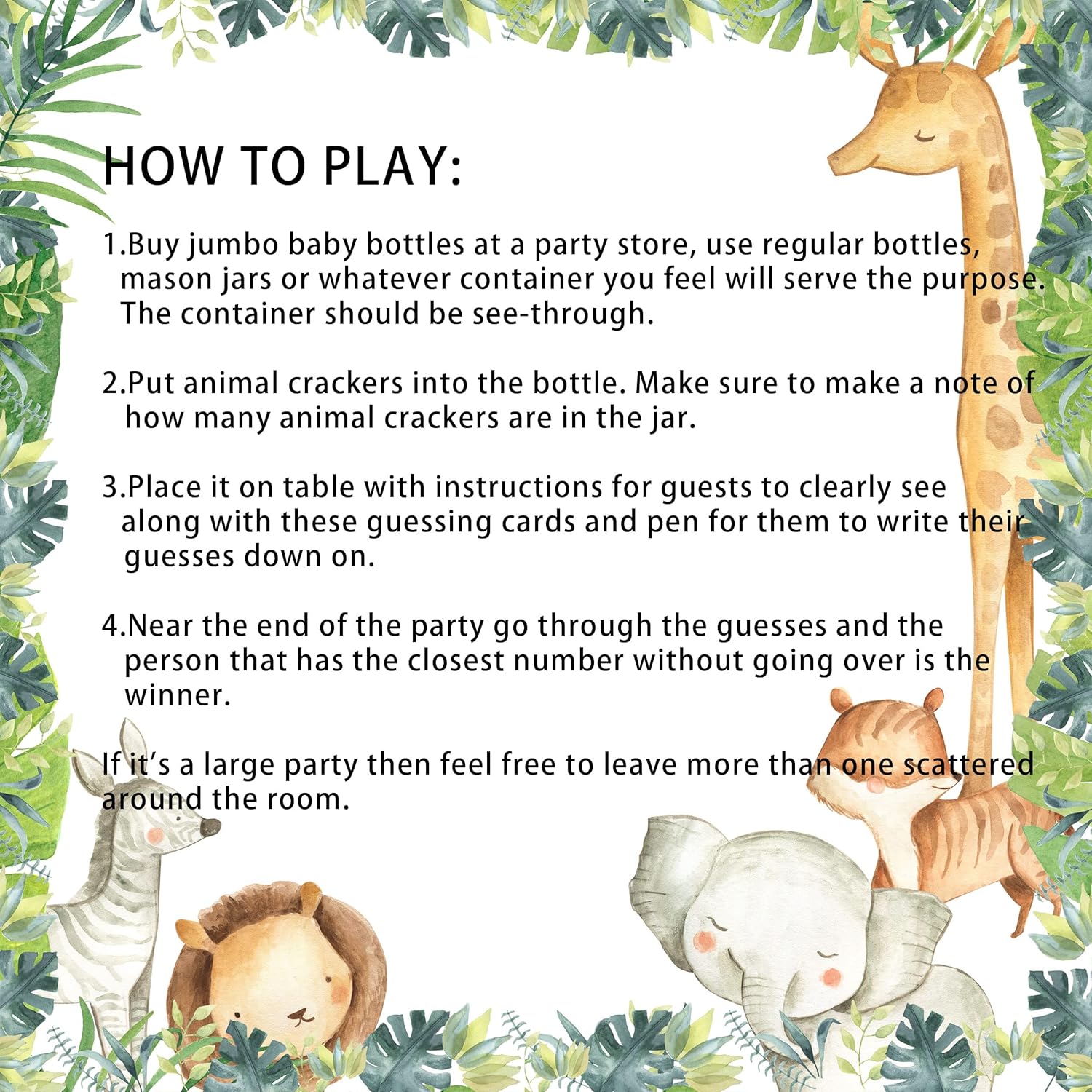 50 juegos de safari para baby shower, Safari Guess How Many Animal Crackers tarjetas de juego con letrero, juegos de baby shower en la selva,