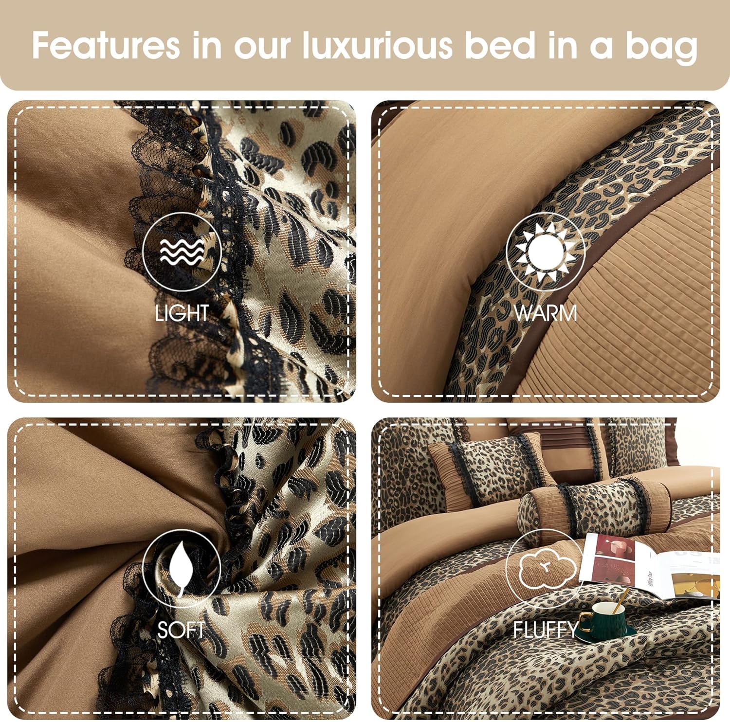 Grand Avenue Juego de edredón California King de leopardo marróngris pardo, 7 piezas, decoración del hogar, microfibra ligera de alta calidad, falda
