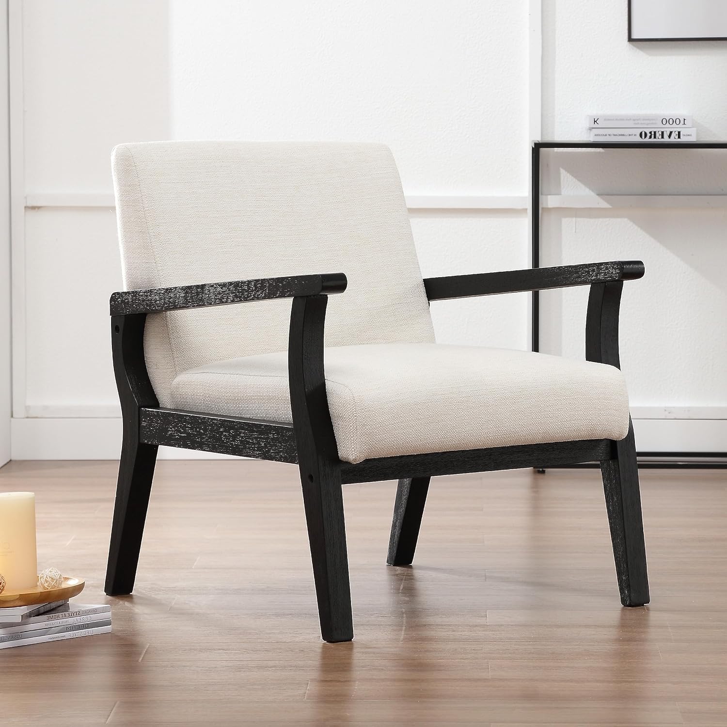Silla decorativa moderna de mediados de siglo, sillón tapizado de lino, cómodas sillas de sala de estar, silla de lectura de una sola tela con marco