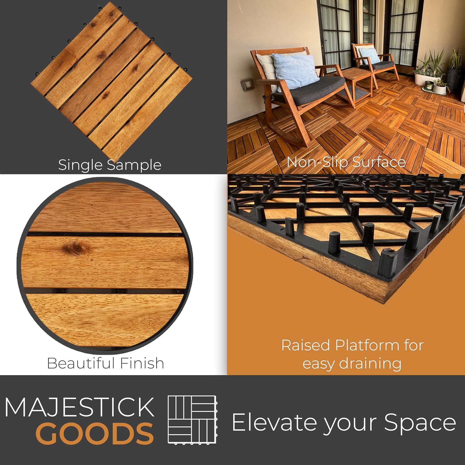 Azulejo de plataforma entrelazado individual de 1 pies cuadrados a presión, un piso de madera de acacia de 12 x 12 pulgadas para interiores y