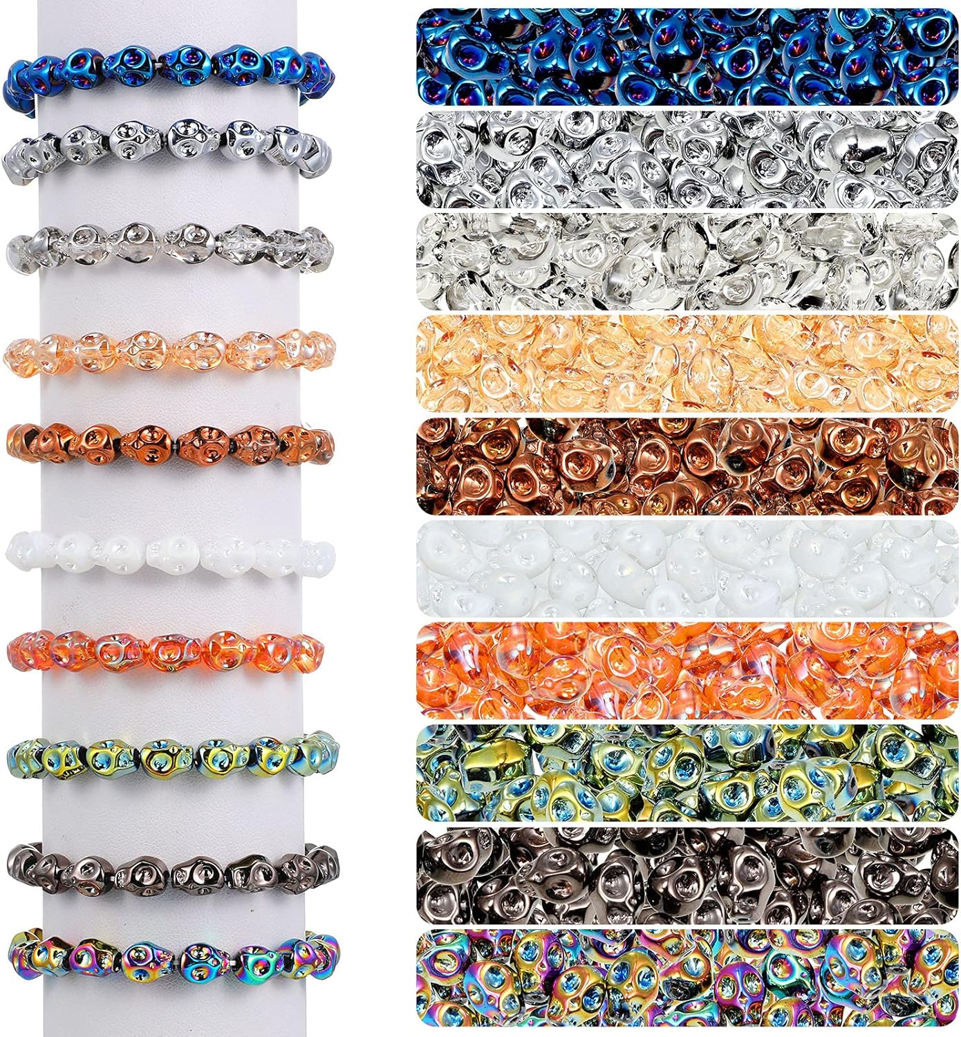200 cuentas de calavera de cristal de esqueleto, cuentas de calavera de cristal coloridas con caja de almacenamiento, cuentas para aretes, pulseras,