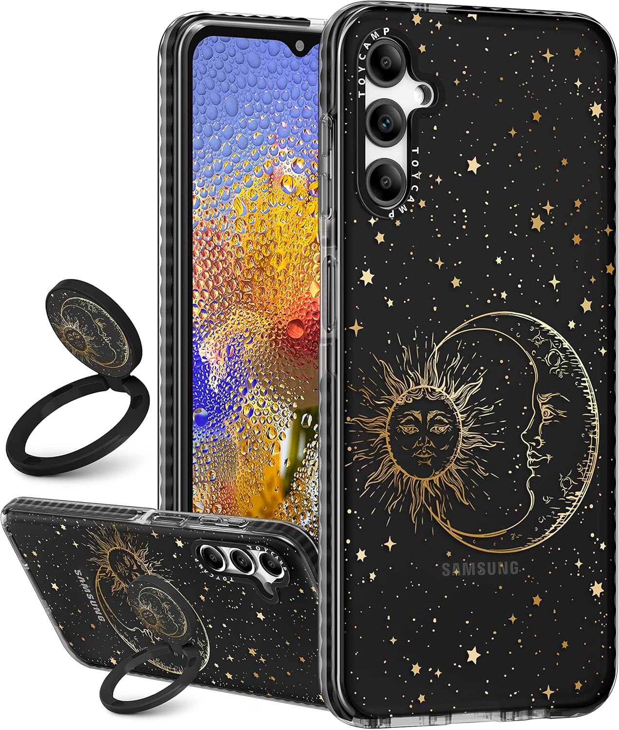 Toycamp Funda de teléfono para Galaxy A54 0.18 oz con soporte de anillo, diseño de fantasía con purpurina, diseño de estrellas y sol, luna,