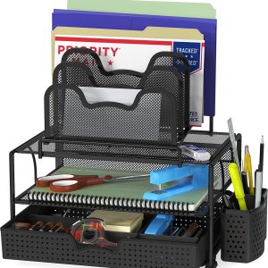 SimpleHouseware – Organizador de escritorio de malla con cajón deslizante bandeja doble y 5 secciones clasificadoras apilables color negro SimpleHouseware – Organizador de escritorio de malla con cajón deslizante bandeja doble y 5 secciones clasificadoras apilables color negro