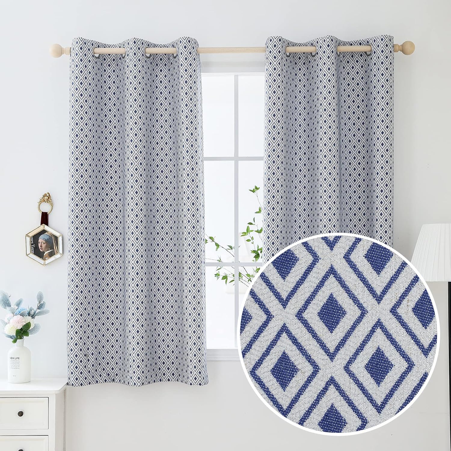 Cortinas de jacquard cuadradas azules de lino semitransparentes filtrantes de luz transparentes con ojales para ventana hasta el suelo, cortinas