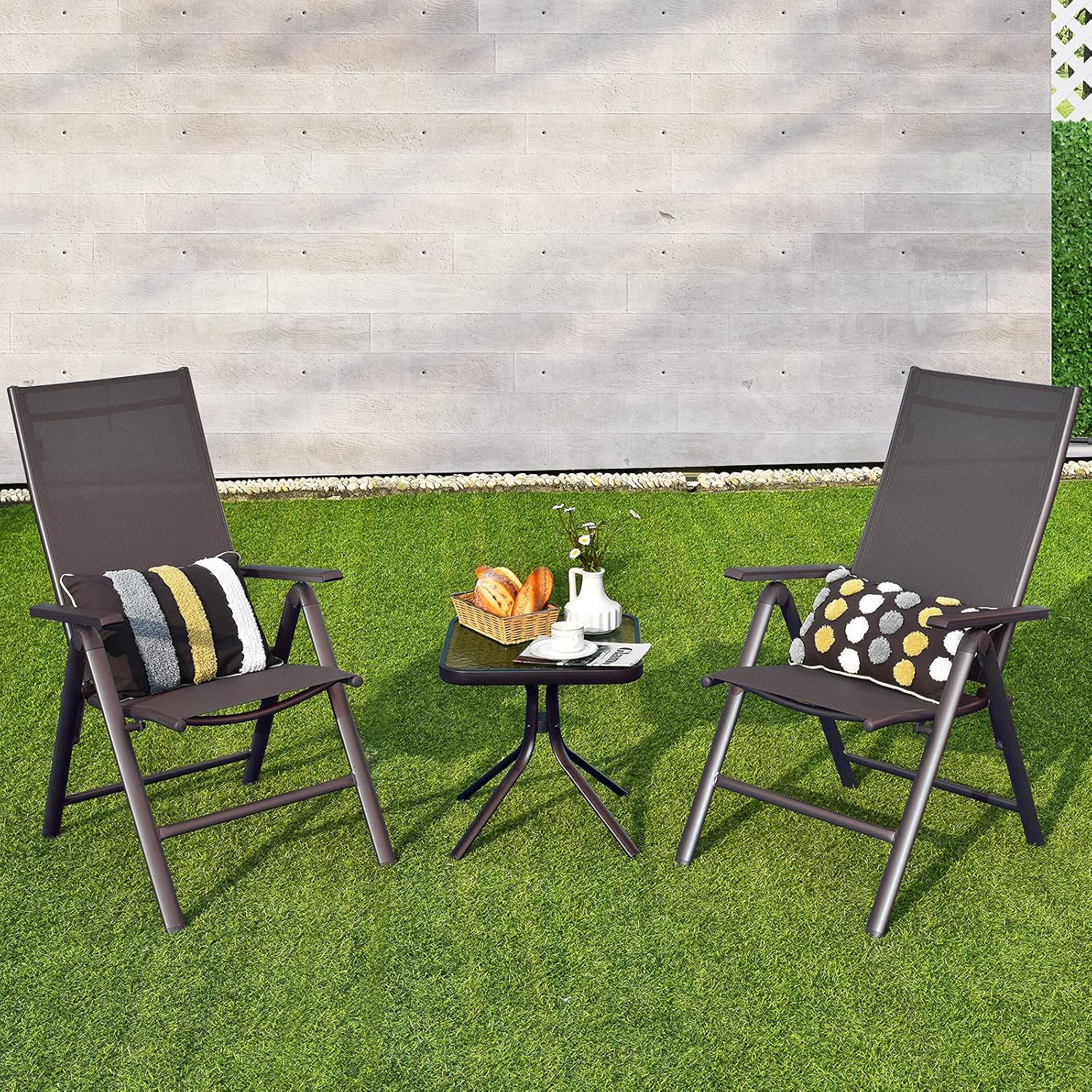 Giantex Juego de 2 sillas de patio, sillas plegables para césped, paquete de 2 sillas de exterior con respaldo ajustable de 7 niveles, marco de