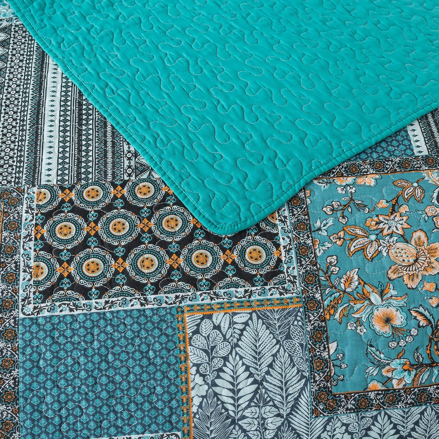 Edredón Queen de 3 piezas, ligero de retazos, color rojo, naranja, azul, turquesa, tamaño Queen, edredón de algodón suave, tamaño Queen para todas