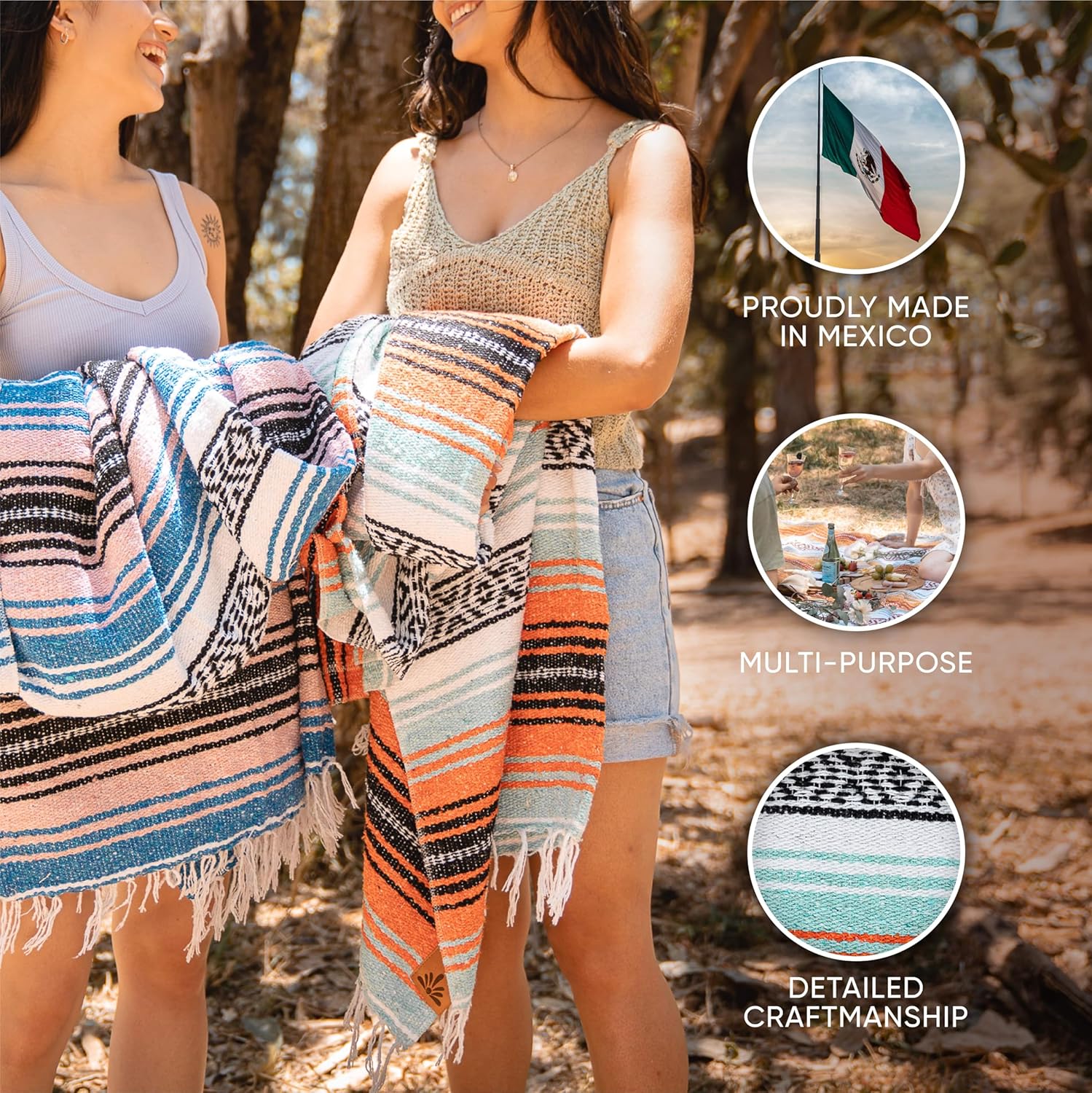 Manta mexicana  Auténtica manta de picnic tejida a mano (70 x 50 pulgadas) para yoga restaurador al aire libre, playa y descanso de césped, manta