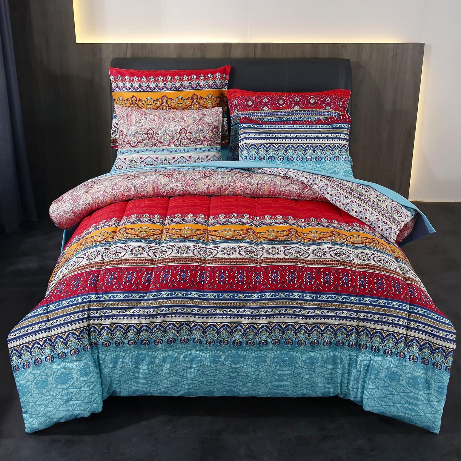 Juego de edredón reversible de 7 piezas con estampado colorido de estilo bohemio rojo y azul, tamaño matrimonial (1 edredón, 1 sábana encimera, 1