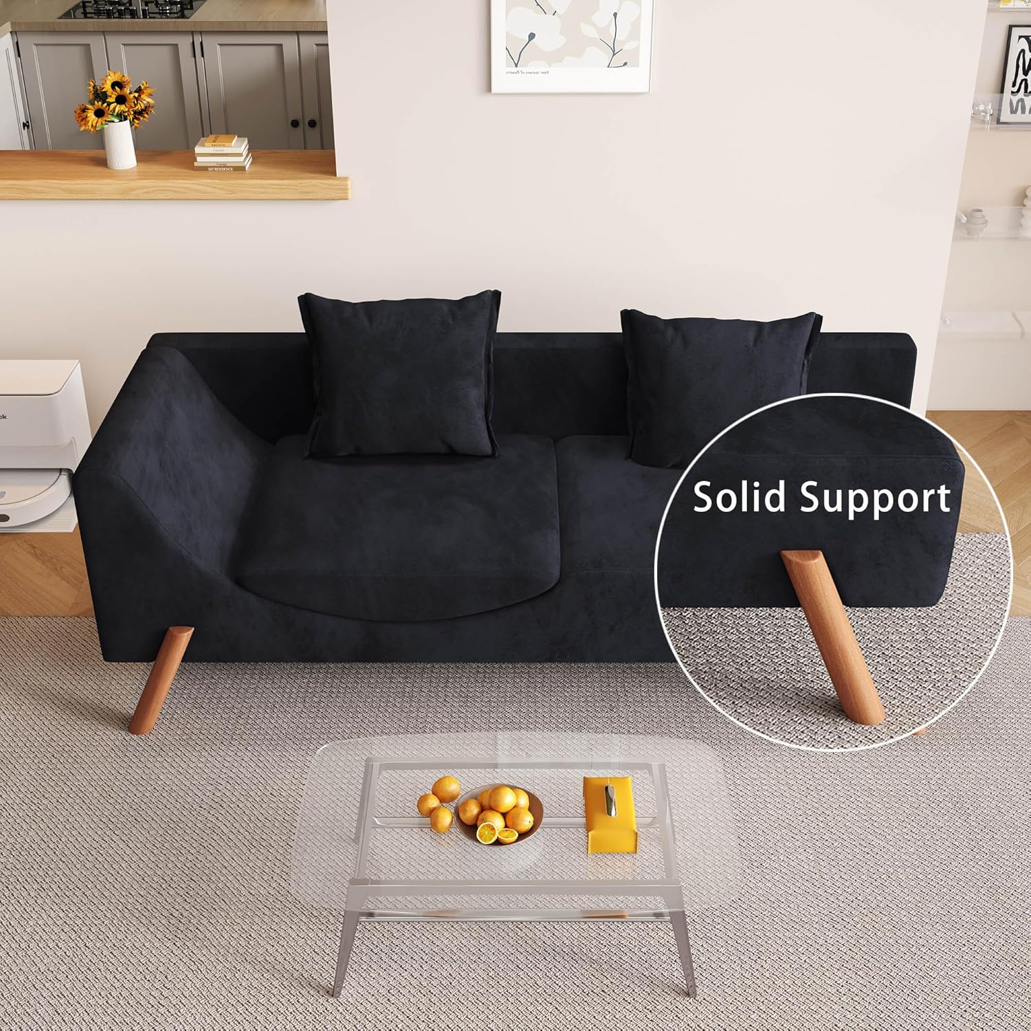 Sofá biplaza convertible de terciopelo de 65 pulgadas, moderno de mediados de siglo, con patas de madera para sala de estar, tumbona corta y