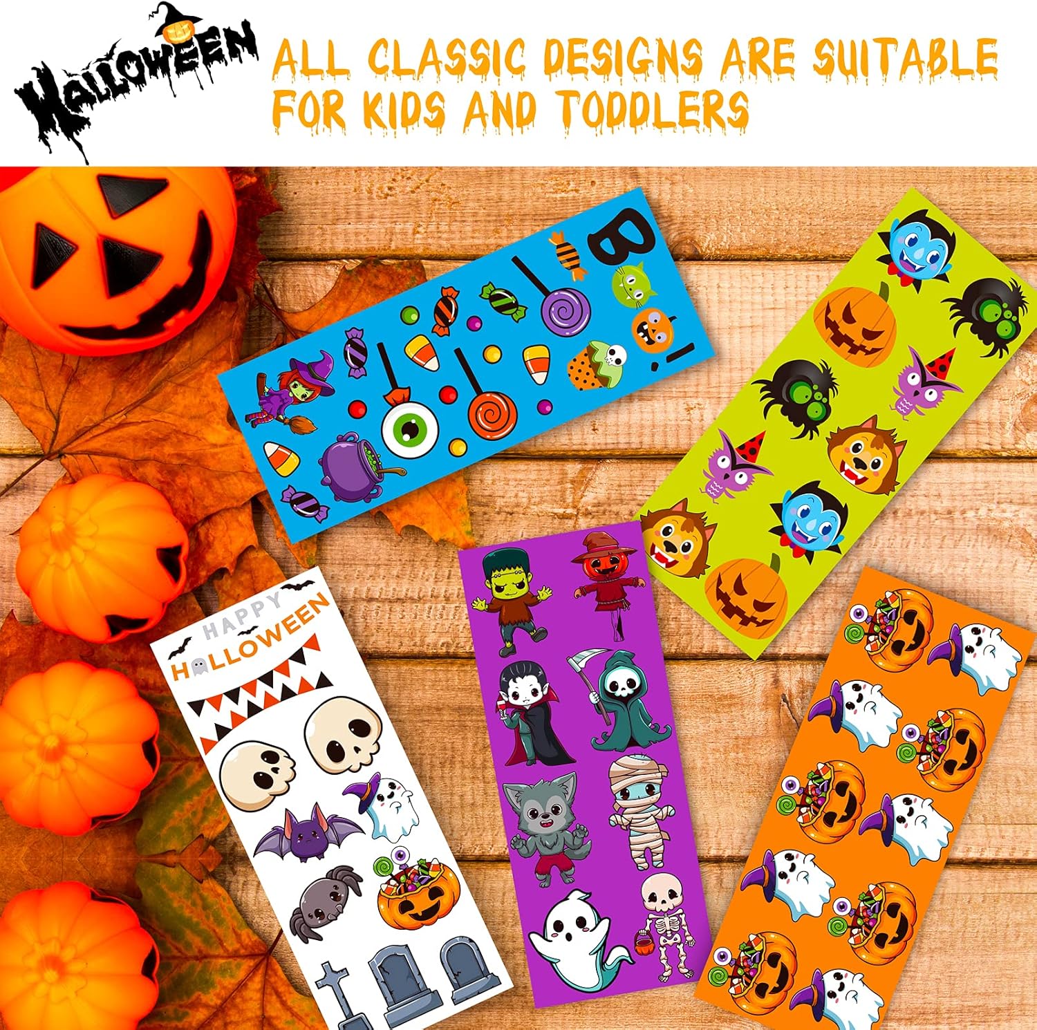 Irichna – 50 hojas de calcomanías de Halloween para niños mayores de 660 piezas, vinilo impermeable de Halloween, araña, murciélagos, calabaza,