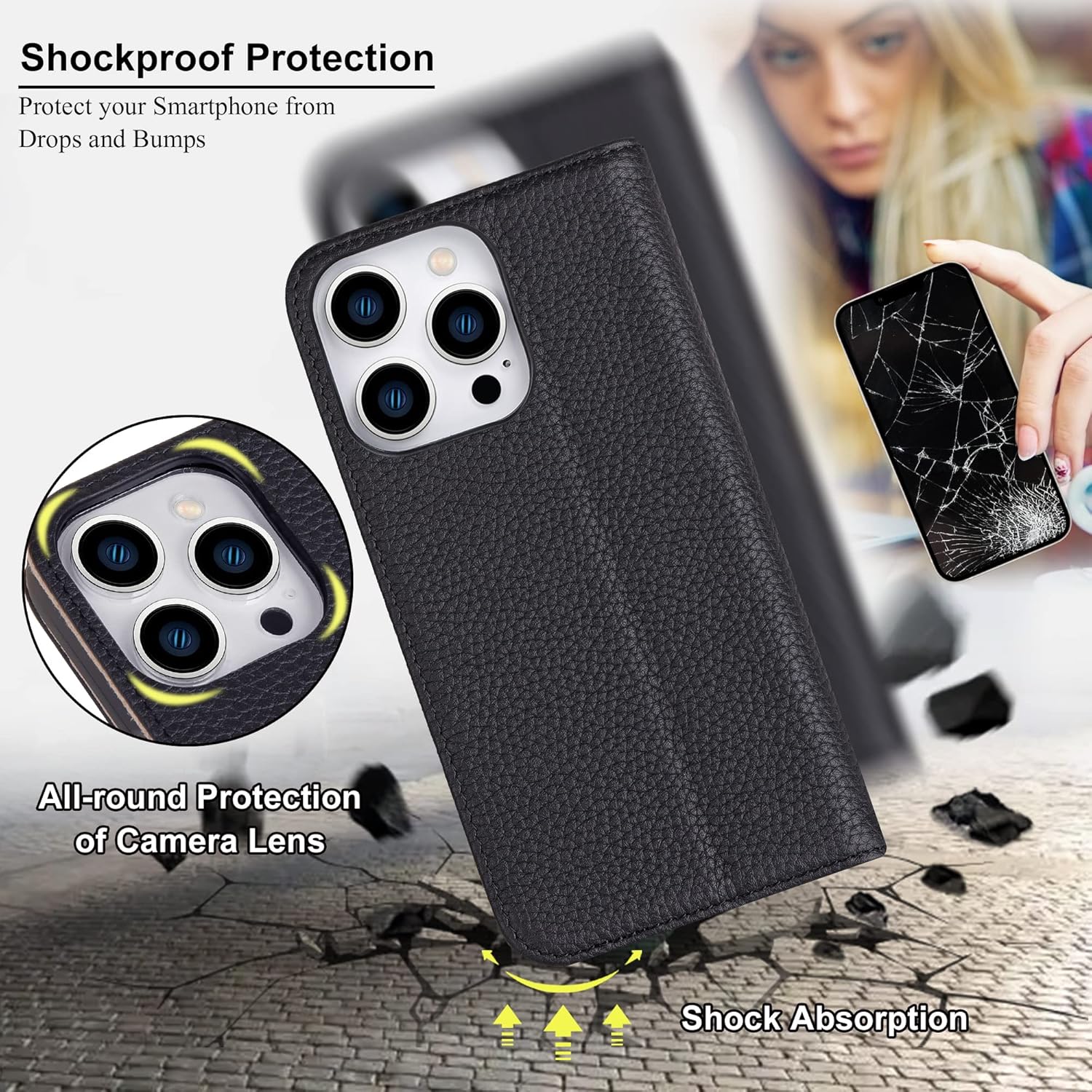 VISOUL Pebbled – Funda de piel auténtica para iPhone 15 Pro Max con soporte para tarjetas, funda magnética con función atril para iPhone 15 Pro Max