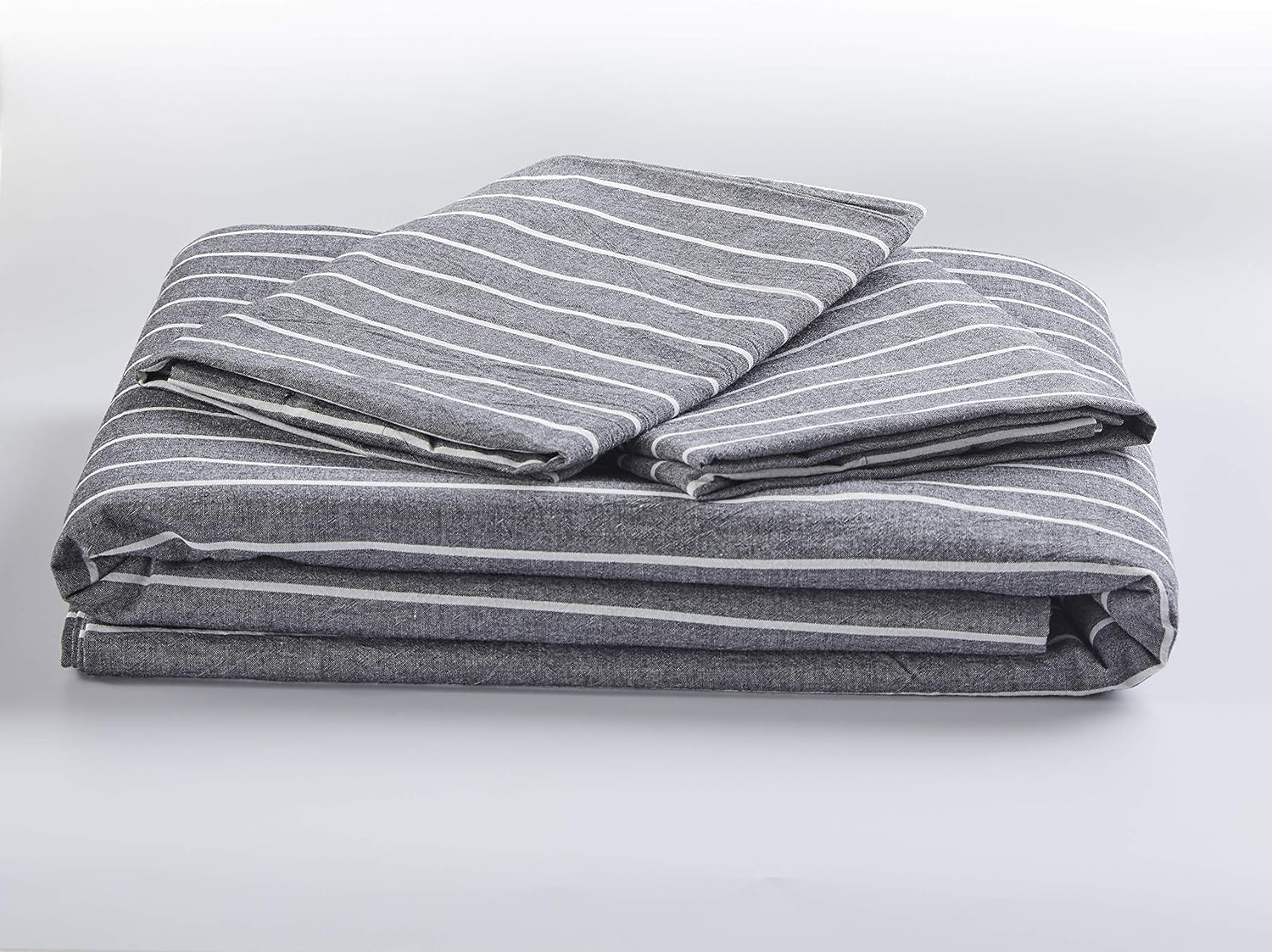 JELLYMONI Pinstriped 100% Washed Cotton Linen Like Duvet Cover Set, 3 Pieces Luxury Soft Bedding Set with Buttons Closure, Grey Stripes Pattern
