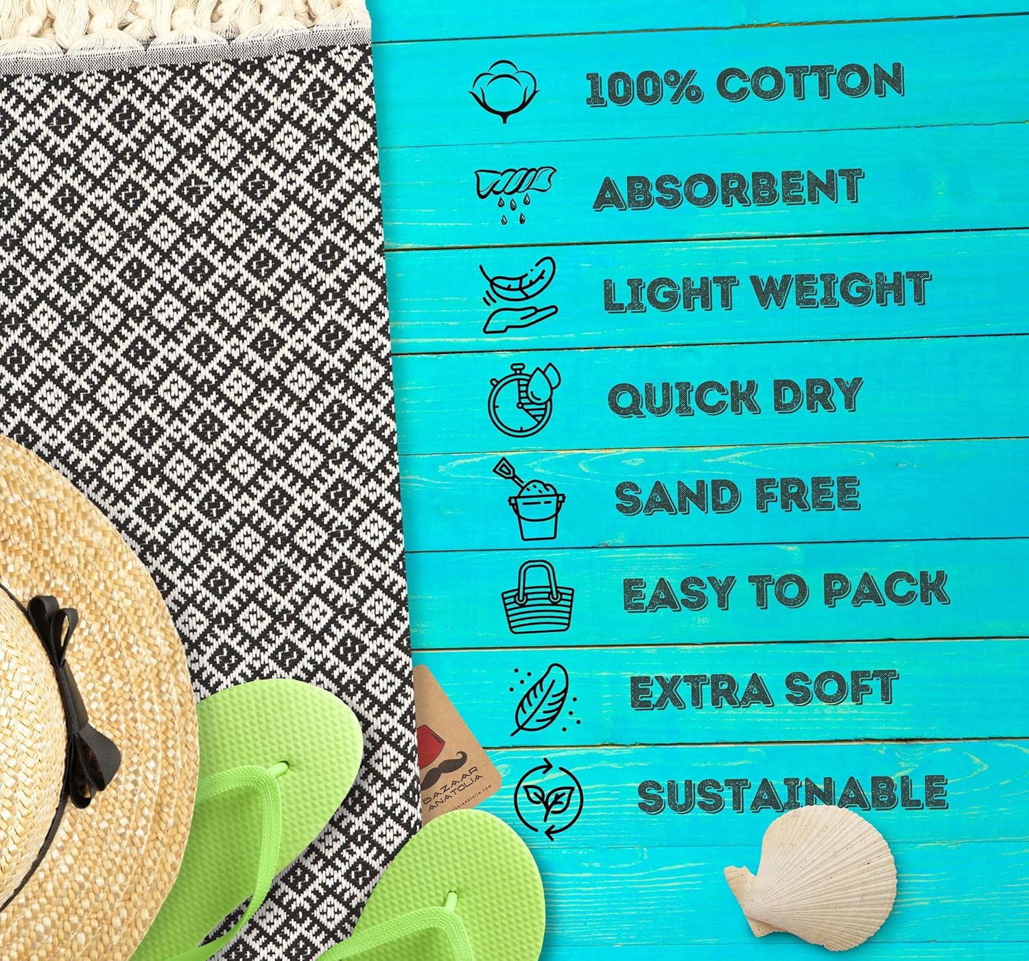 Bazaar Anatolia Toalla de playa turca 100% algodón, toallas de baño de gran tamaño, secado rápido, estilo bohemio, decoración de granja, toallas de