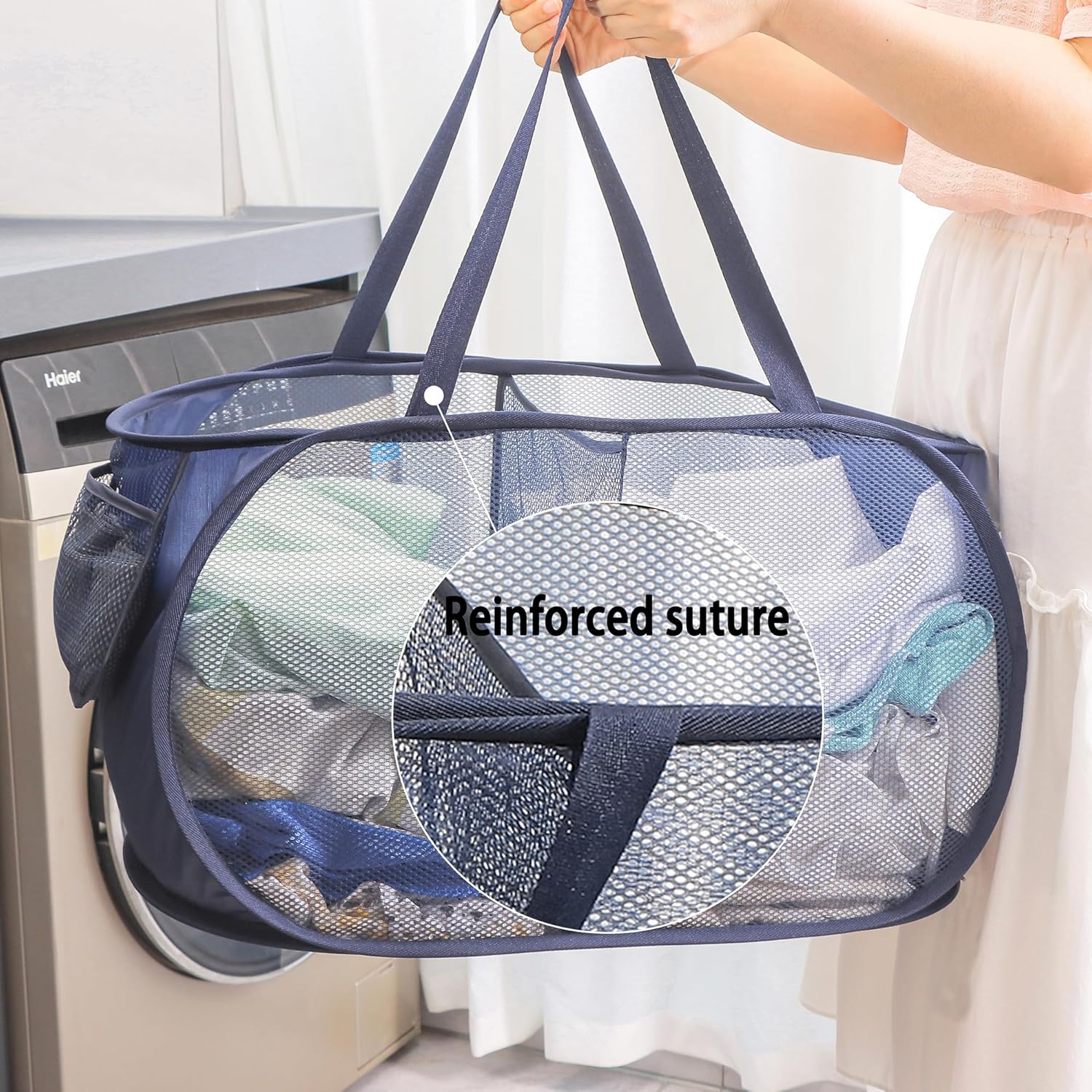 Cesta plegable de malla para lavandería, 2 compartimentos, cesta de lavandería con asas fuertes, fácil de abrir y plegar para dormitorio,