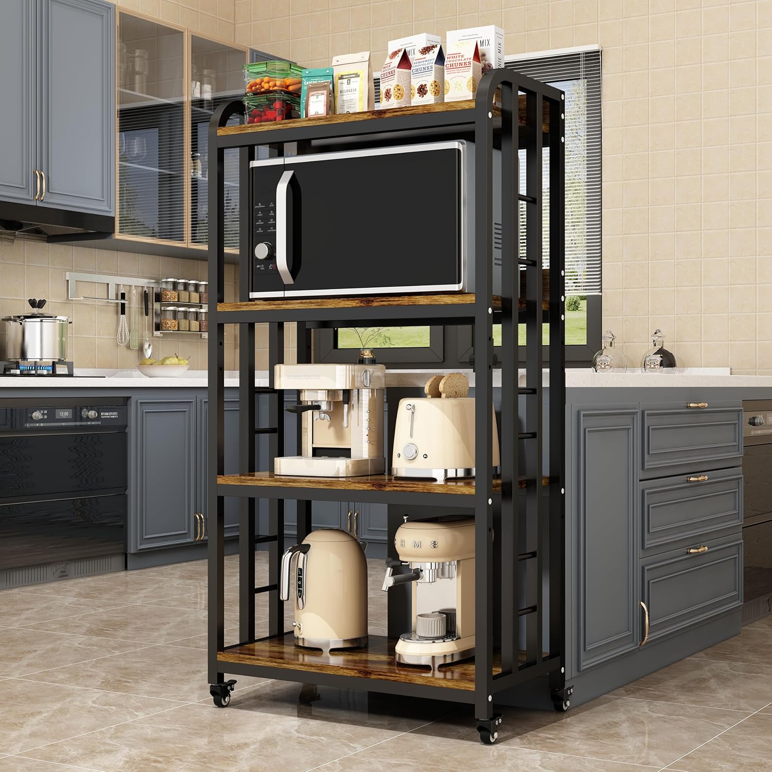 Estante de cocina de 4 niveles con ruedas giratorias, soporte para carrito de horno de microondas, unidad de almacenamiento ajustable, estante