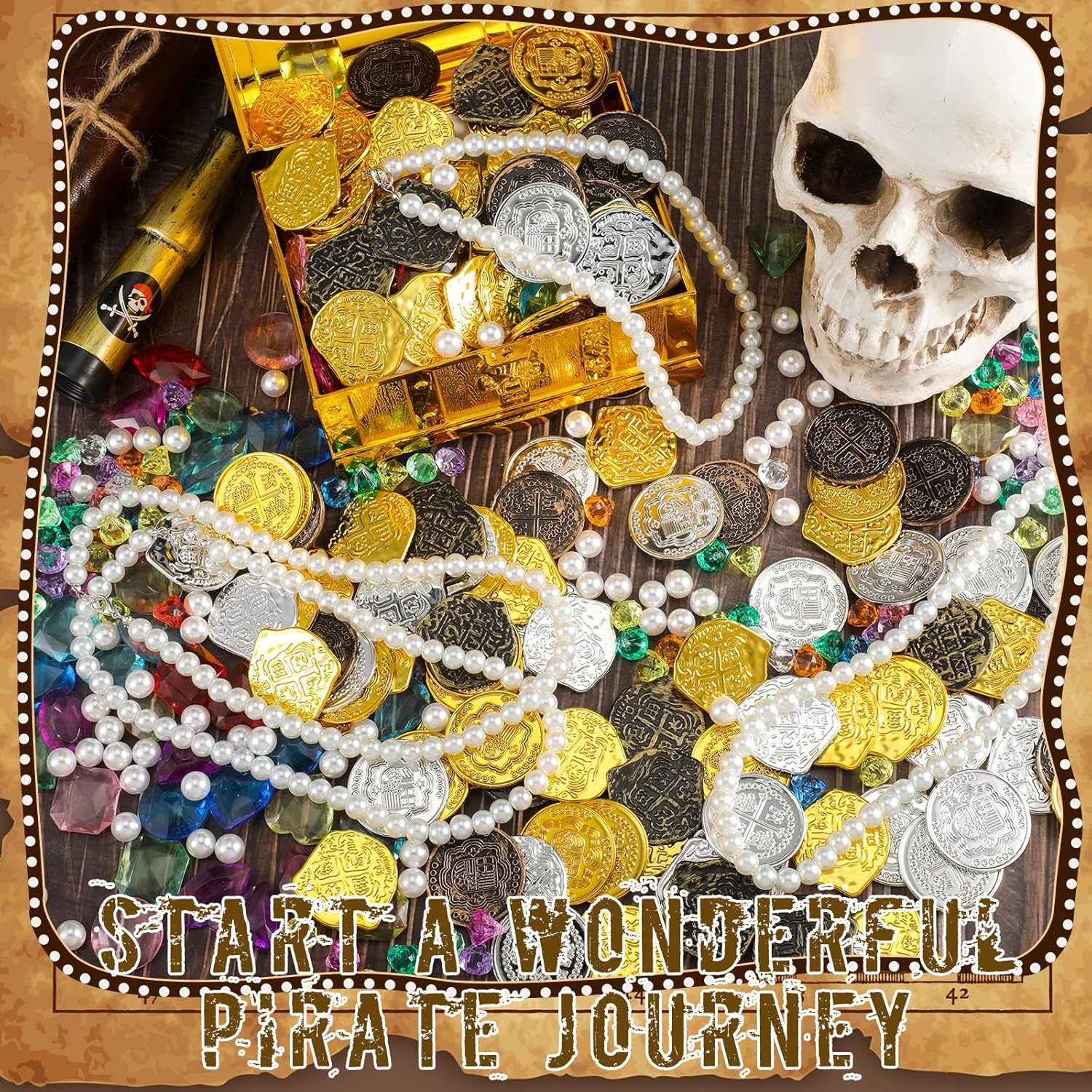 Hanaive Juego de 319 monedas falsas de oro pirata, tesoro pirata, gemas y joyas piratas de plástico, decoración de fiesta pirata, tesoro para