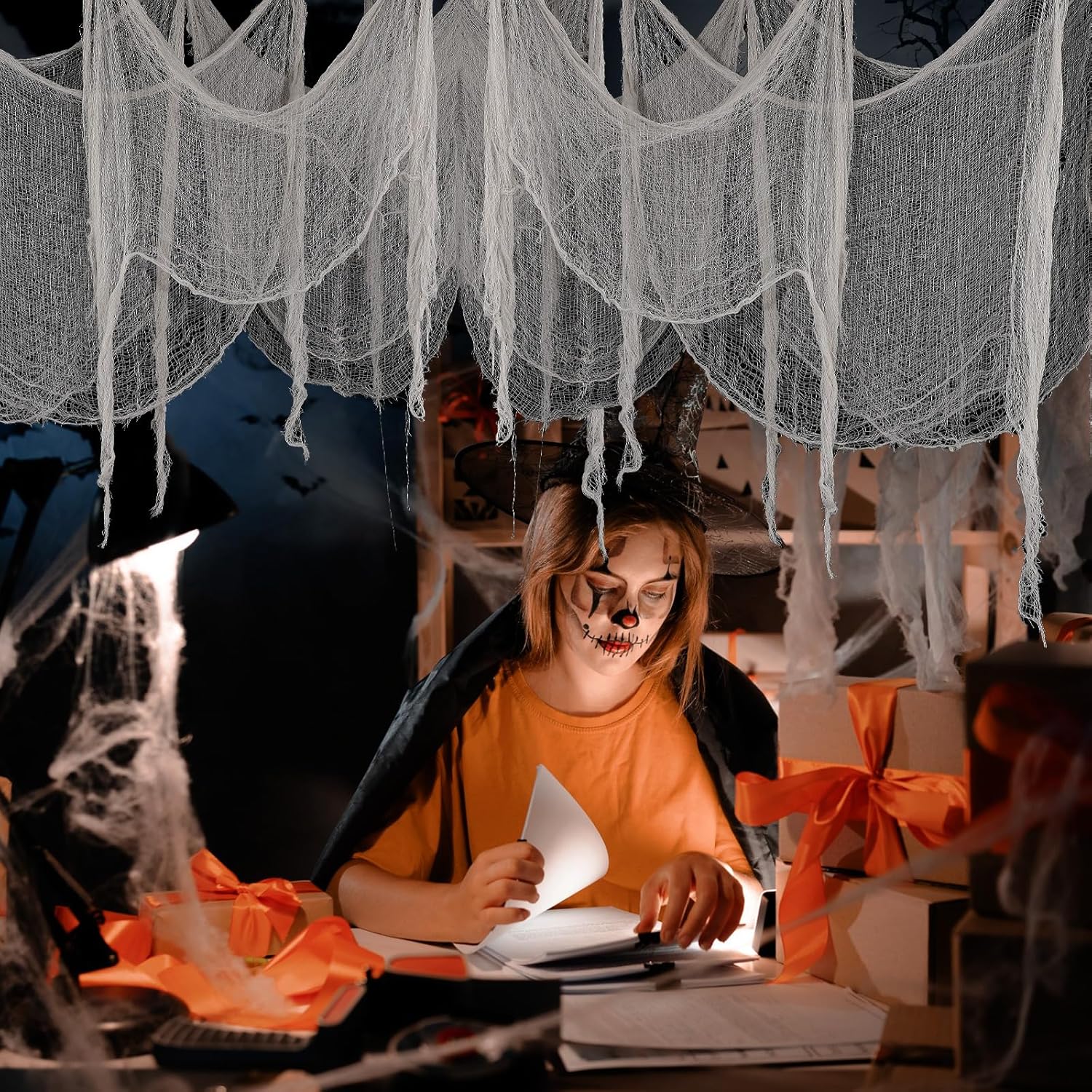 Paño espeluznante de Halloween de 30 x 71 pulgadas, paño de gasa espeluznante grande para puertas, escaleras, interiores y exteriores, decoración de