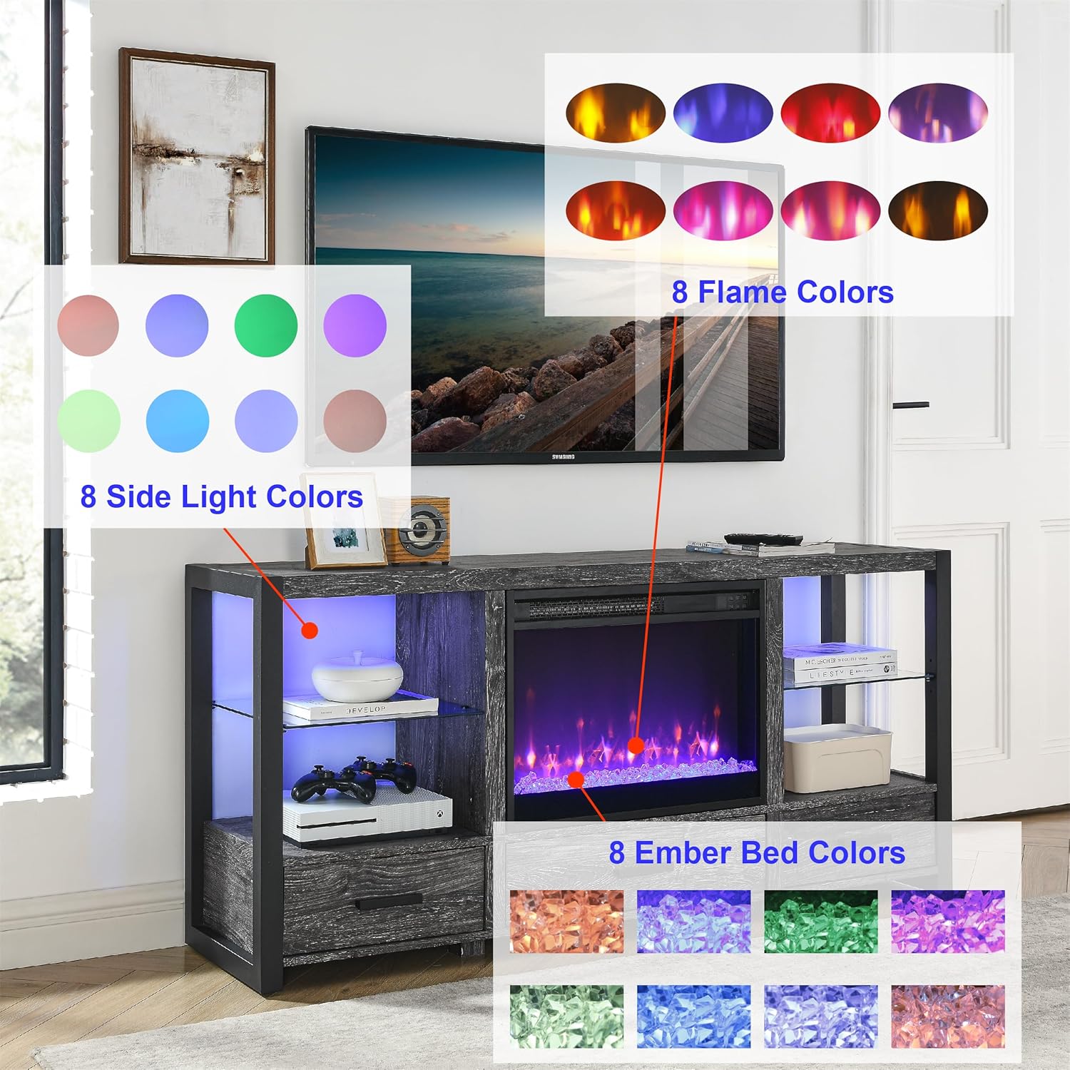Bellemave Soporte eléctrico de TV con chimenea para televisores de hasta 70 pulgadas, centro de entretenimiento de madera con 3 cajones, consola