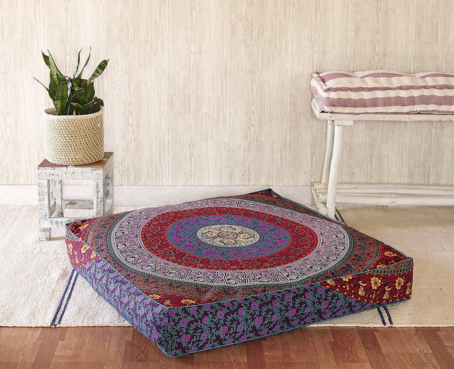 Popular Handicrafts Funda de cojín de suelo  Funda cuadrada de puf otomano con mandala hippie indio, funda de cojín de algodón de gran tamaño con
