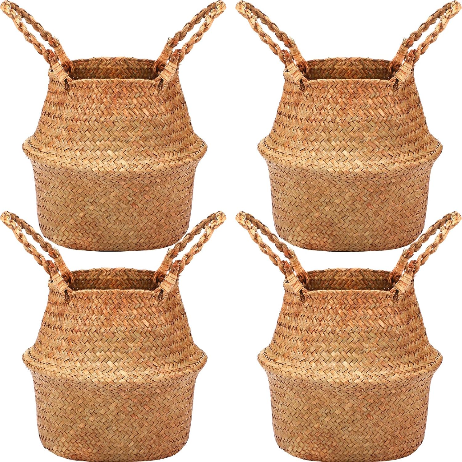 Qunclay 4 cestas tejidas de hierba marina, cesta para el vientre, maceta bohemia natural con asas, maceta redonda decorativa de mimbre grande para